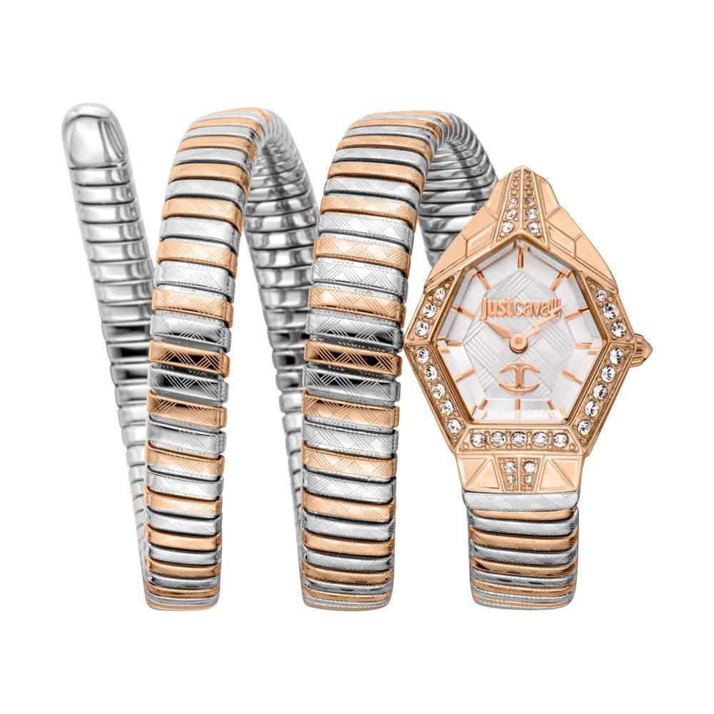 Just Cavalli Mesmerizing women's analog watch with rose gold and silver two-tone case, white dial, and matching coiled bracelet