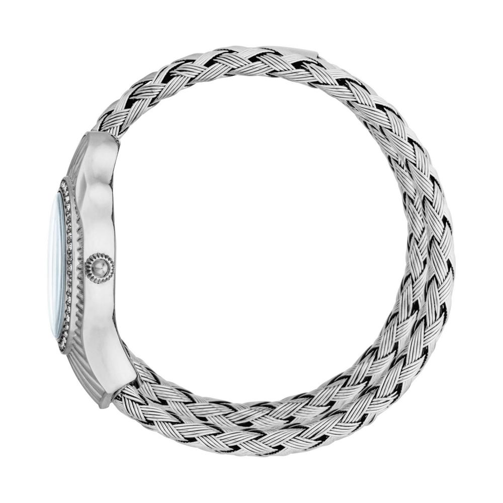 Just Cavalli Twined silver watch on wrist showing braided strap and side profile