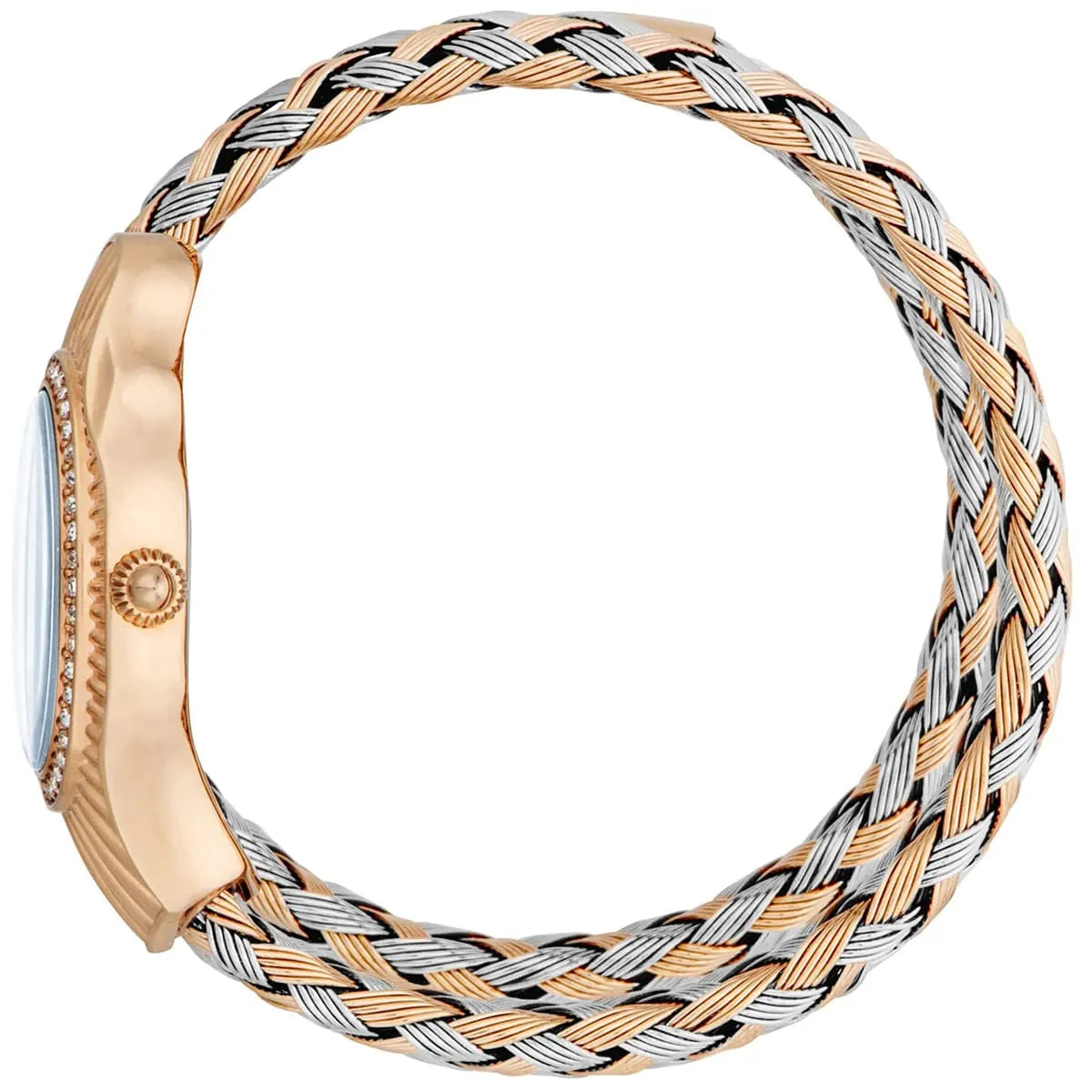 Just Cavalli Signature Snake women's watch worn on wrist showing full two-tone snake-patterned strap with crystals