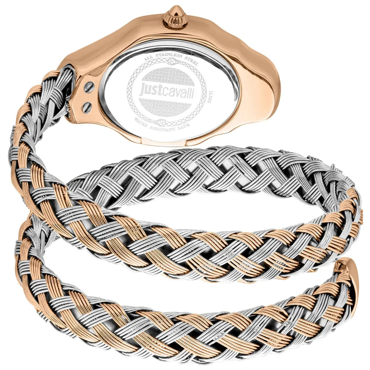 Just Cavalli Signature Snake watch caseback showing double-wrap snake-patterned two-tone braided bracelet