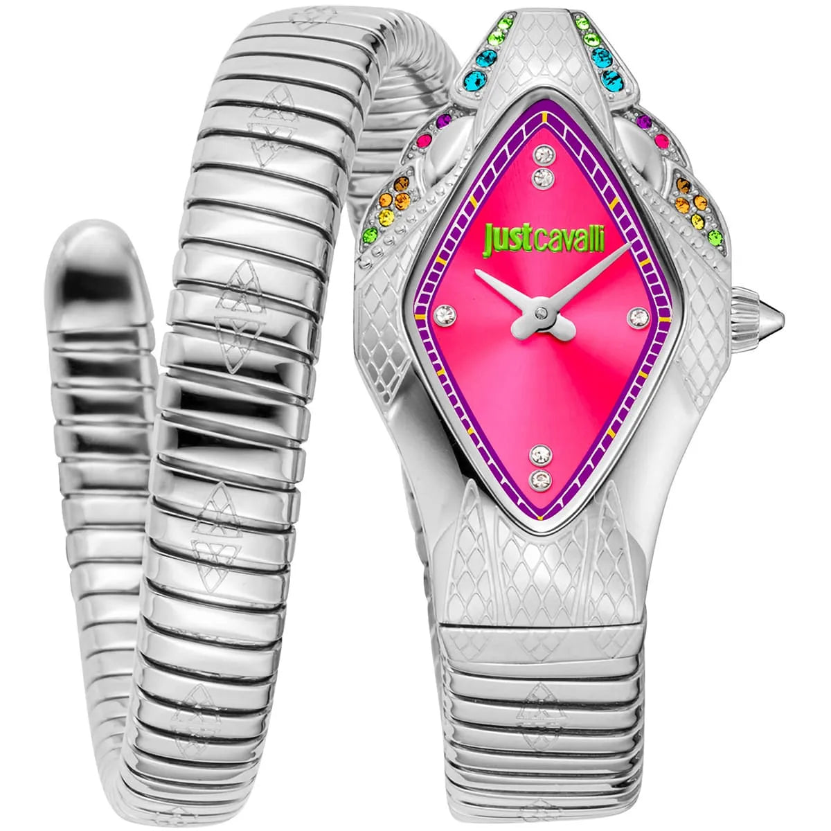 Just Cavalli Ferocious women's watch with pink diamond dial, silver stainless steel snake-textured case and double-wrap bracelet