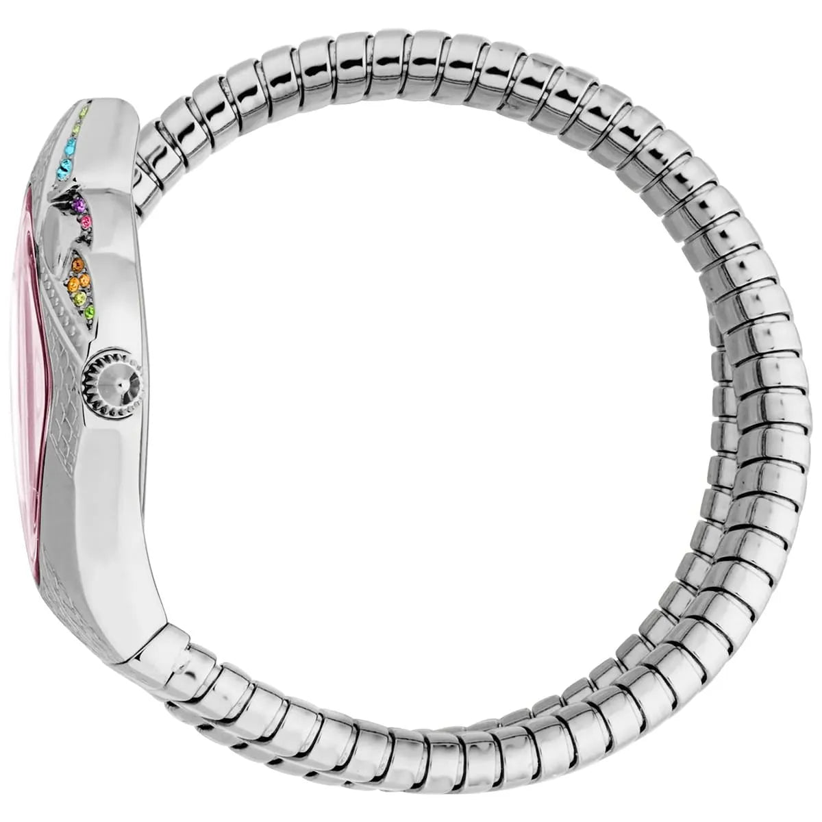 Side view of Just Cavalli Ferocious women's watch showing case thickness and snake-textured bracelet