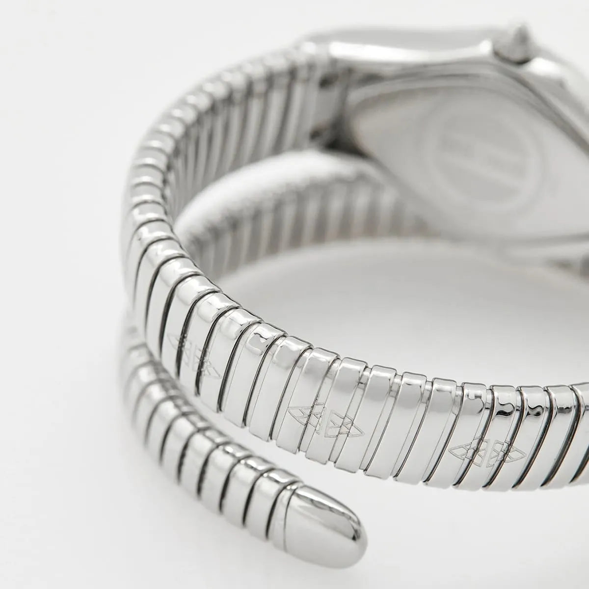 Detailed view of Just Cavalli Ferocious watch snake-textured silver stainless steel double-wrap bracelet