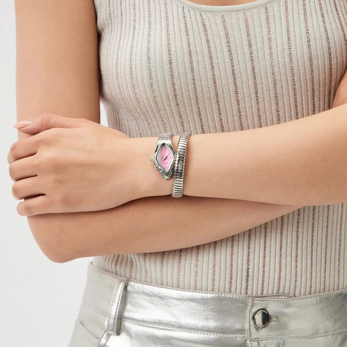 Just Cavalli Ferocious women's watch on wrist with double-wrap snake bracelet design in silver