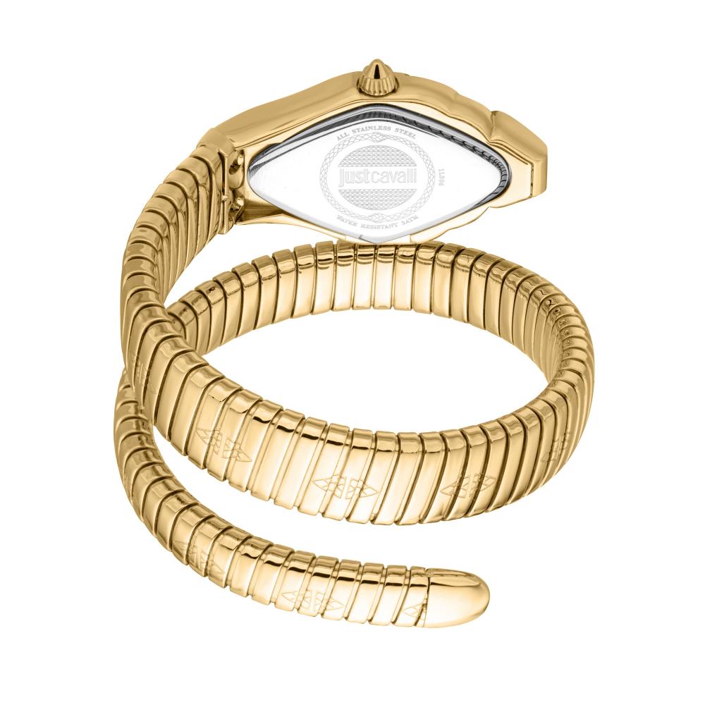 Yellow gold snake bracelet with caseback detail of Just Cavalli Signature Snake watch