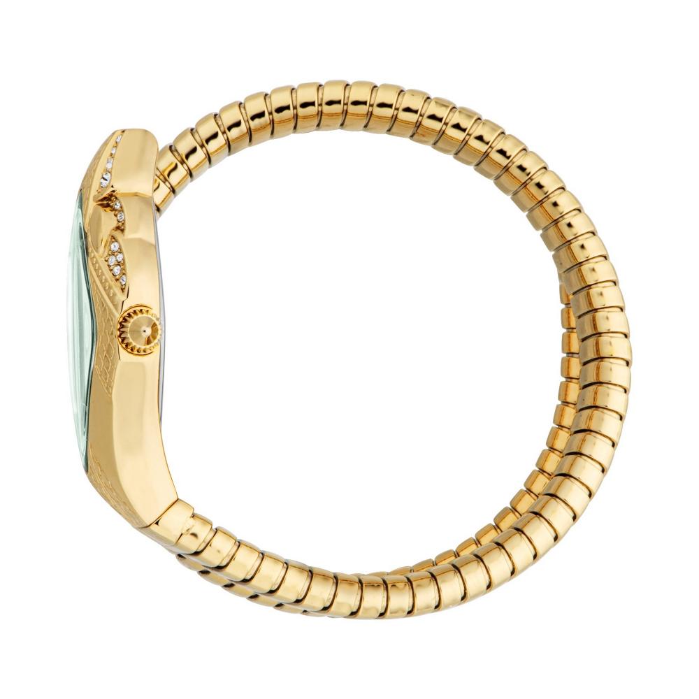 Just Cavalli Signature Snake watch with yellow gold snake bracelet worn on wrist showing side profile