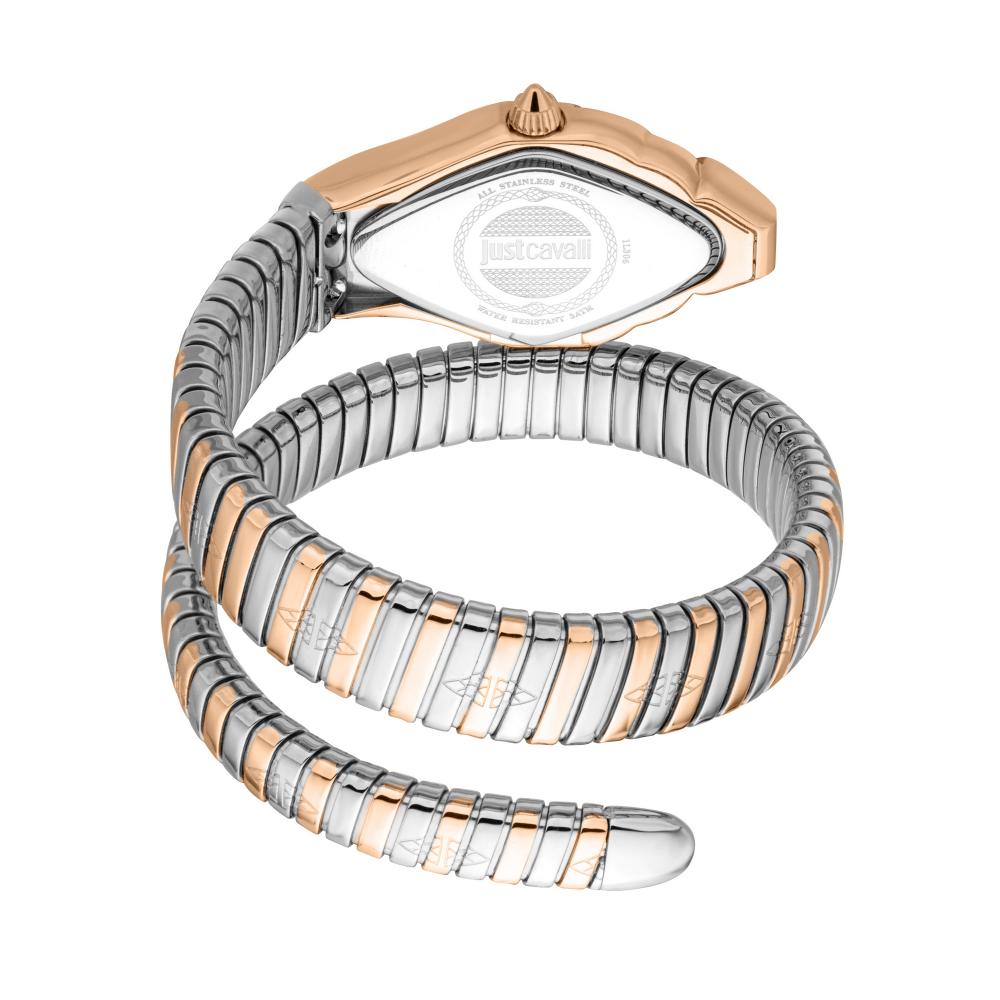Signature Snake watch showing coiled bicolor rose gold and stainless steel snake-link bracelet