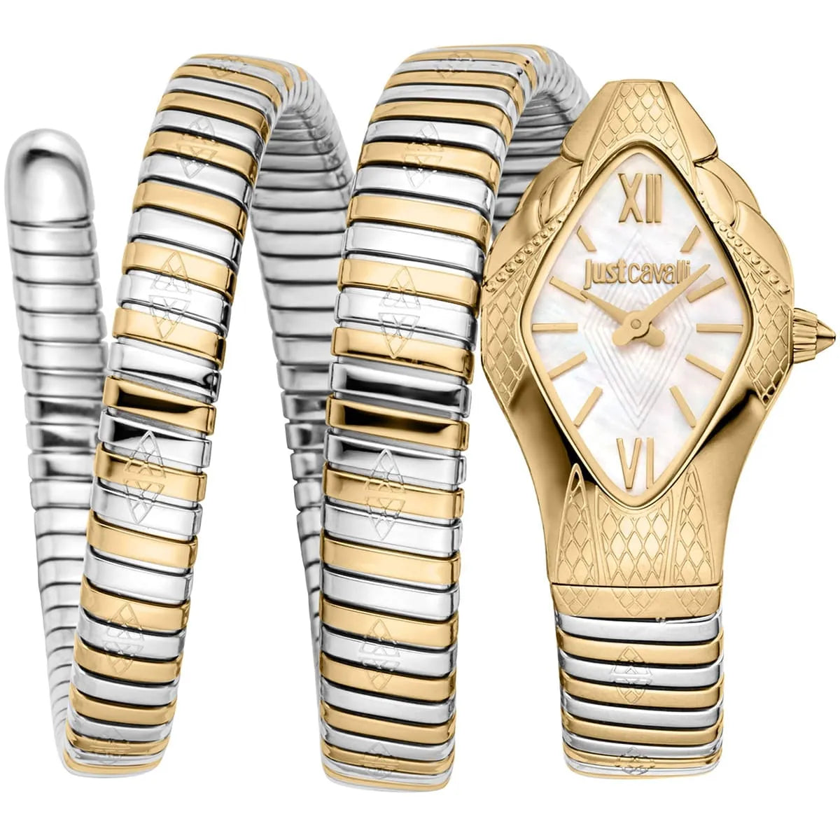 Just Cavalli Signature Snake Cristallo watch with white MOP dial, yellow gold and silver two-tone snake bracelet