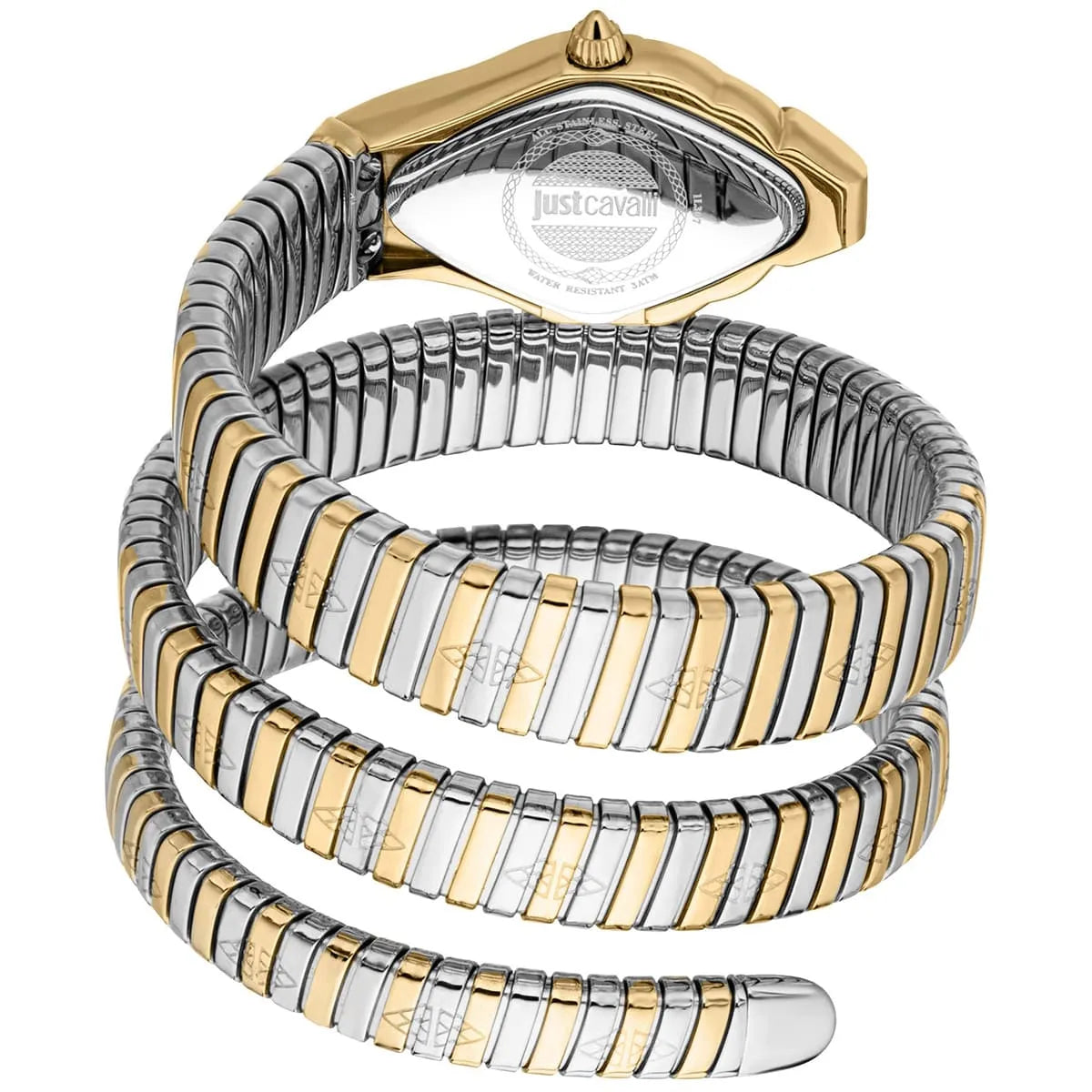 Two-tone yellow gold and silver snake-textured coiled bracelet with elongated case