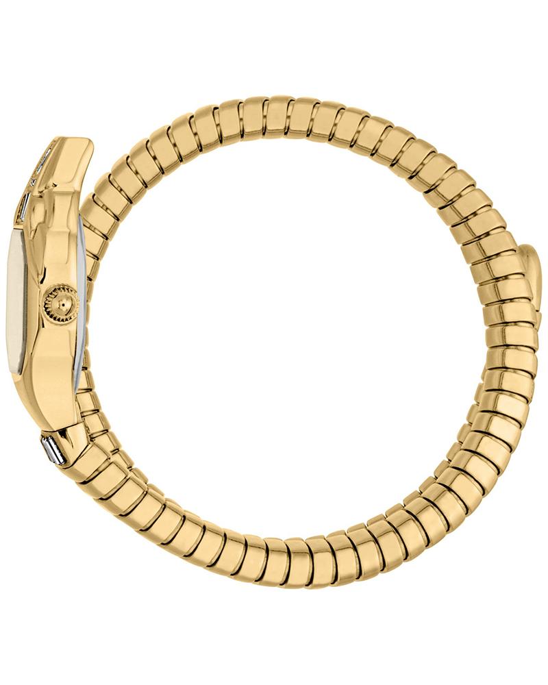 Just Cavalli Signature Snake gold-tone watch on wrist with flexible snake bracelet coiled