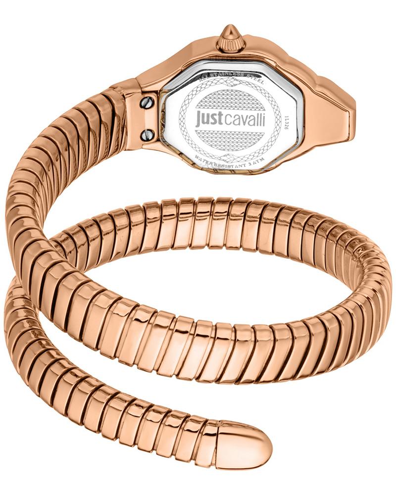 Just Cavalli Glam Snake watch showing caseback and full snake-coil bracelet design in rose gold