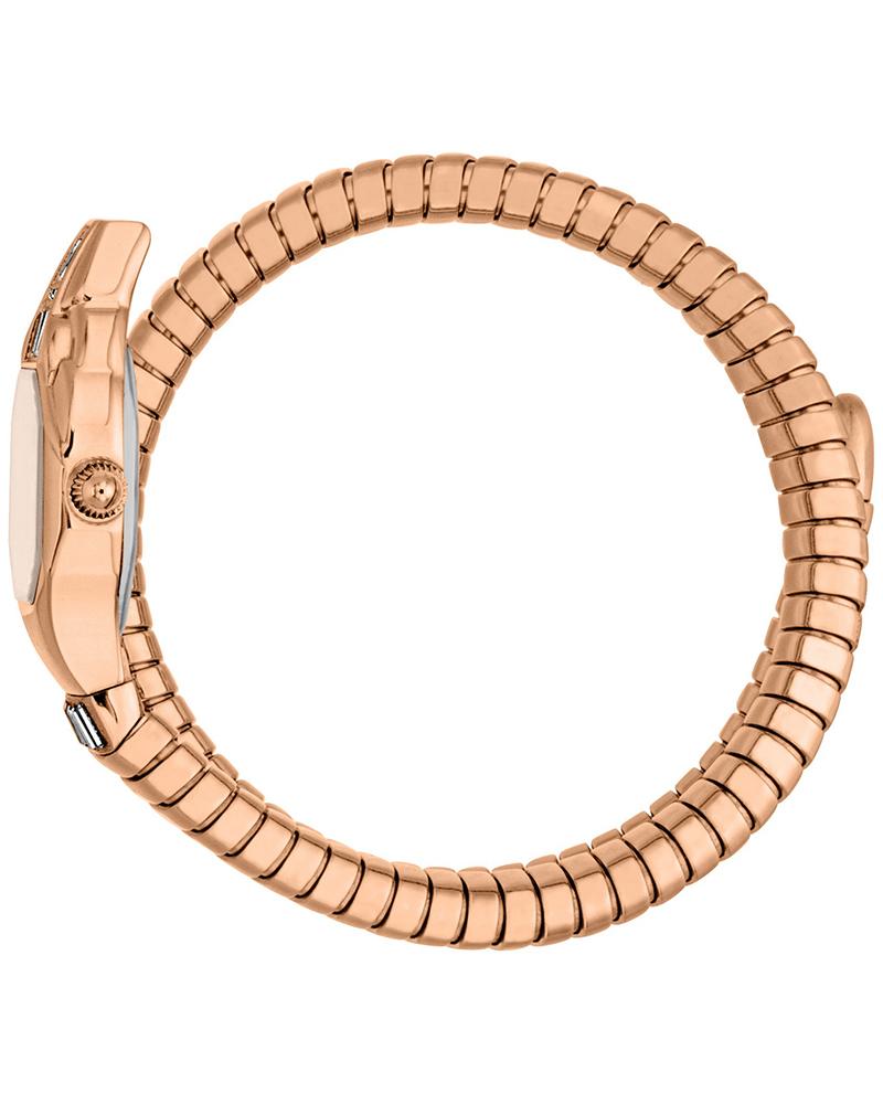 Just Cavalli Glam Snake rose gold watch worn on wrist with snake-pattern bracelet