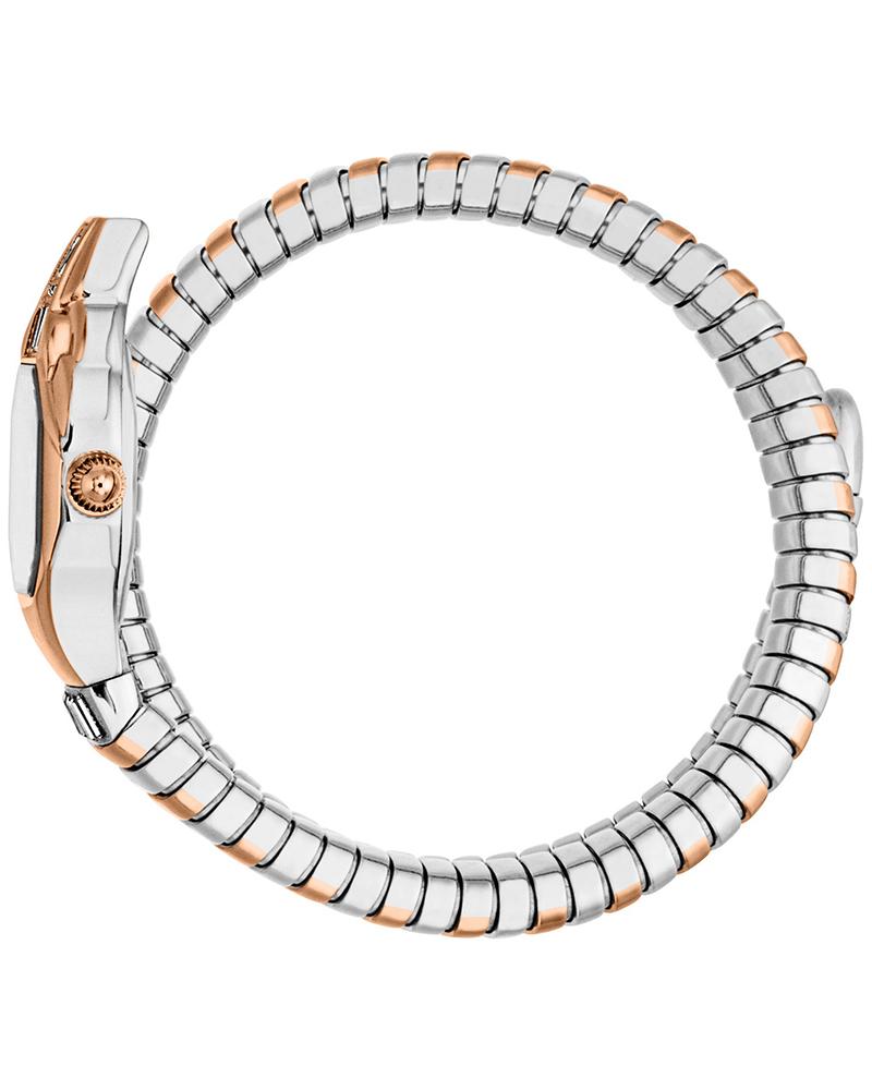 Just Cavalli Signature Snake watch displayed at angle showing two-tone rose gold and silver snake bracelet