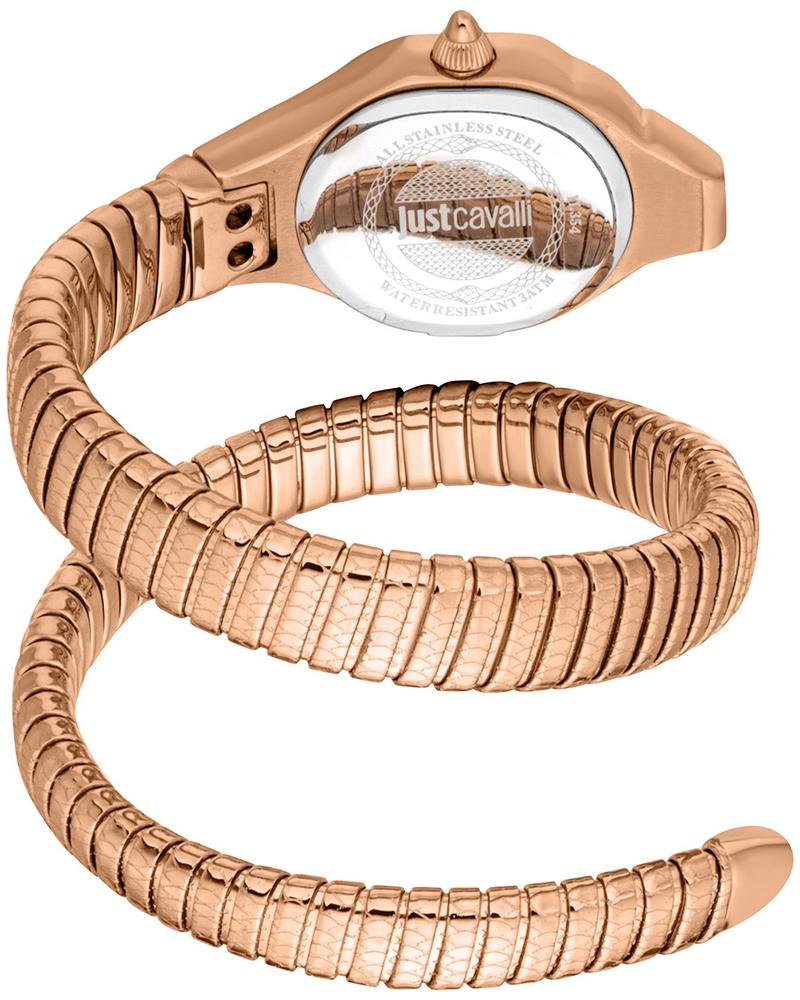 Snake bracelet detail of Just Cavalli watch showing flexible segmented rose gold design