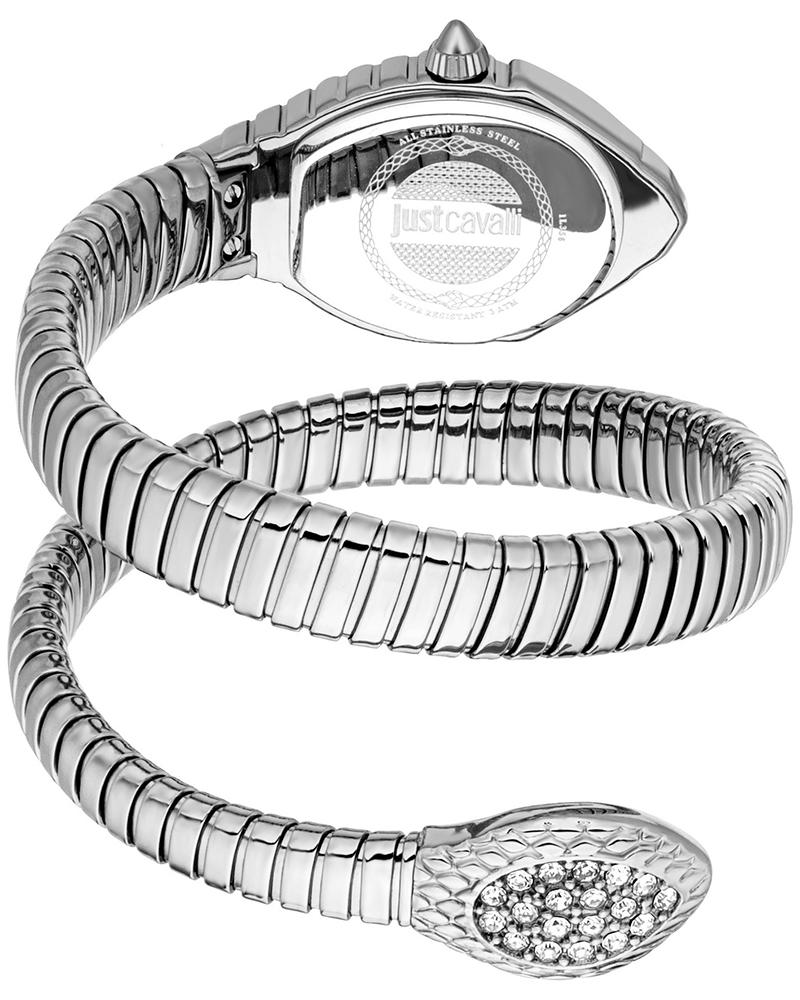 Just Cavalli Signature Snake Speranza silver watch showing wrapped snake bracelet and case profile