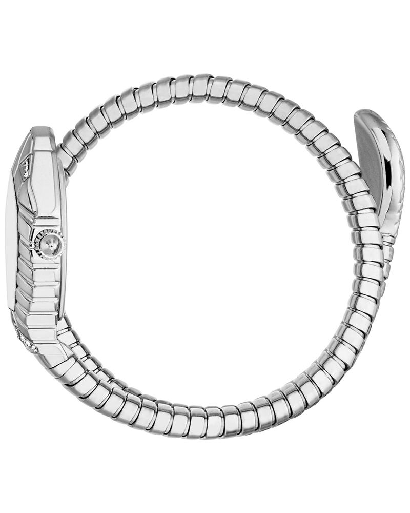 Just Cavalli Signature Snake Speranza silver watch on wrist with segmented snake bracelet