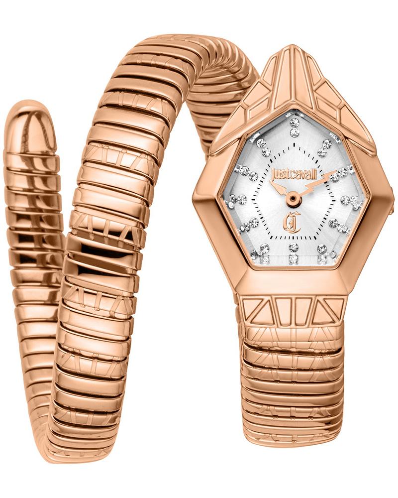Gemma silver-tone dial ladies watch with rose gold pentagon case and coiled bracelet