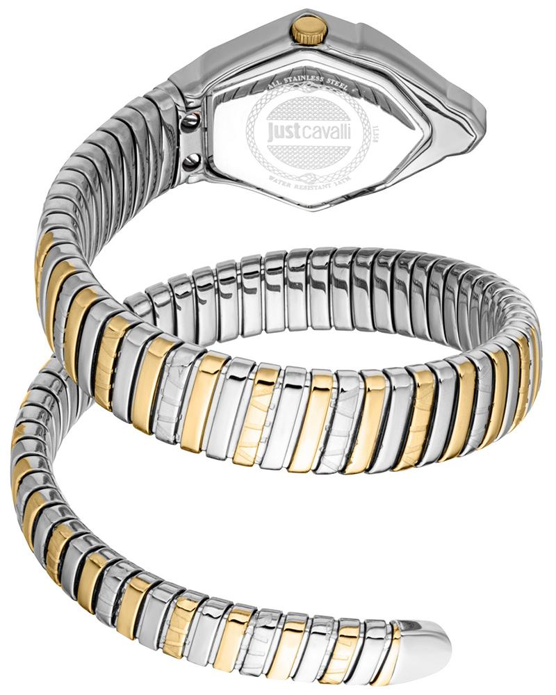 Two-tone snake-coil expandable bracelet and hexagonal case from angled view