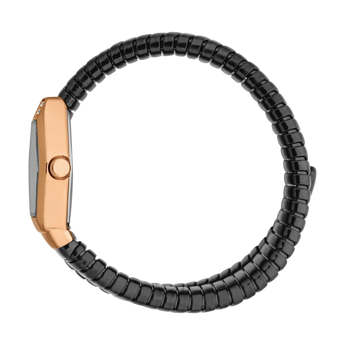 Just Cavalli Splora watch on wrist showing rose gold case and black steel bracelet strap