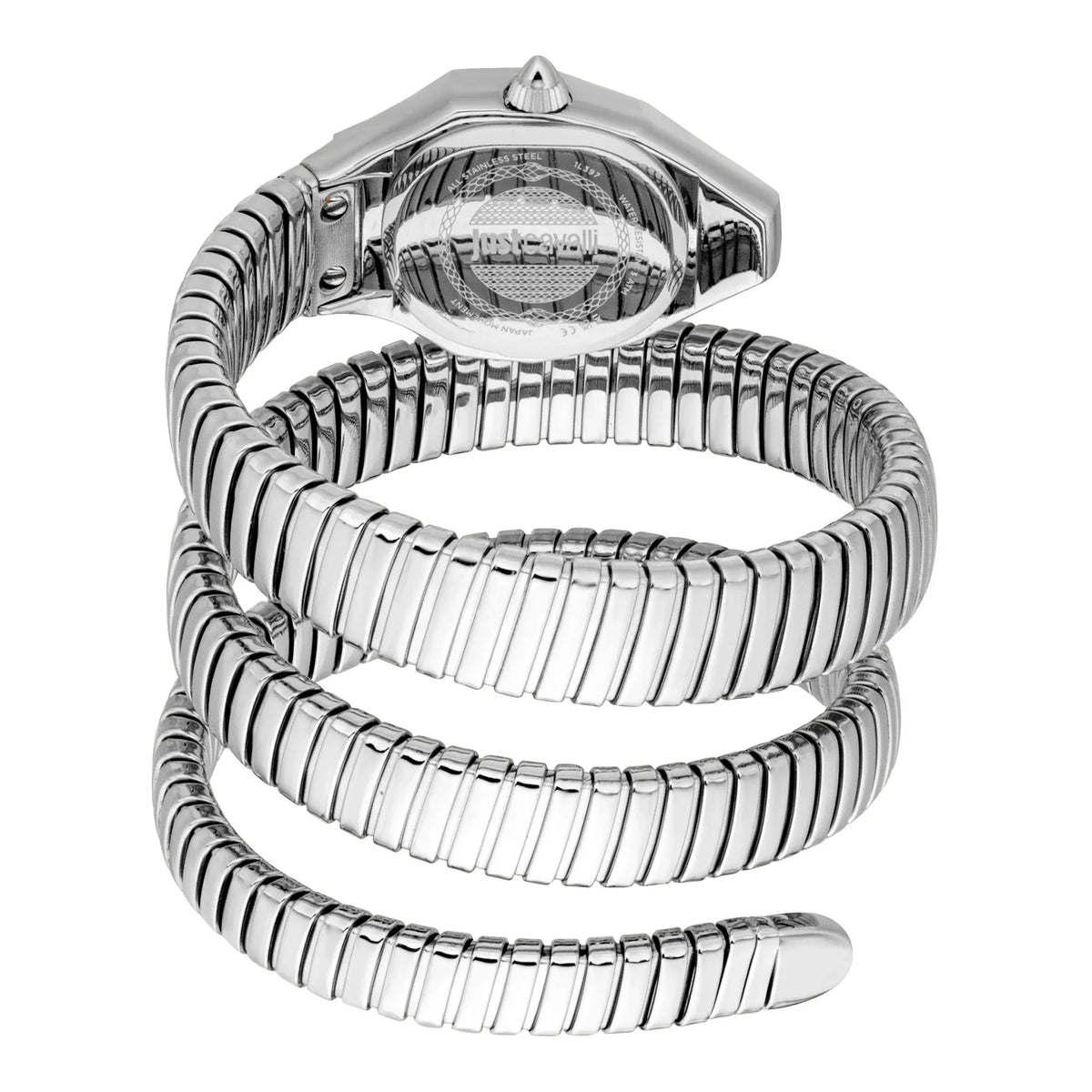 Angled view of Just Cavalli Snake silver watch with flexible coiled serpent bracelet