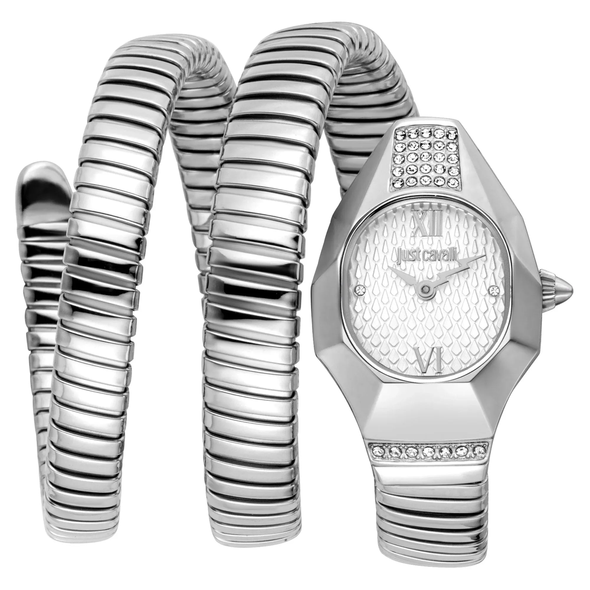 Just Cavalli Snake silver women's watch with coiled snake bracelet and oval face with textured dial