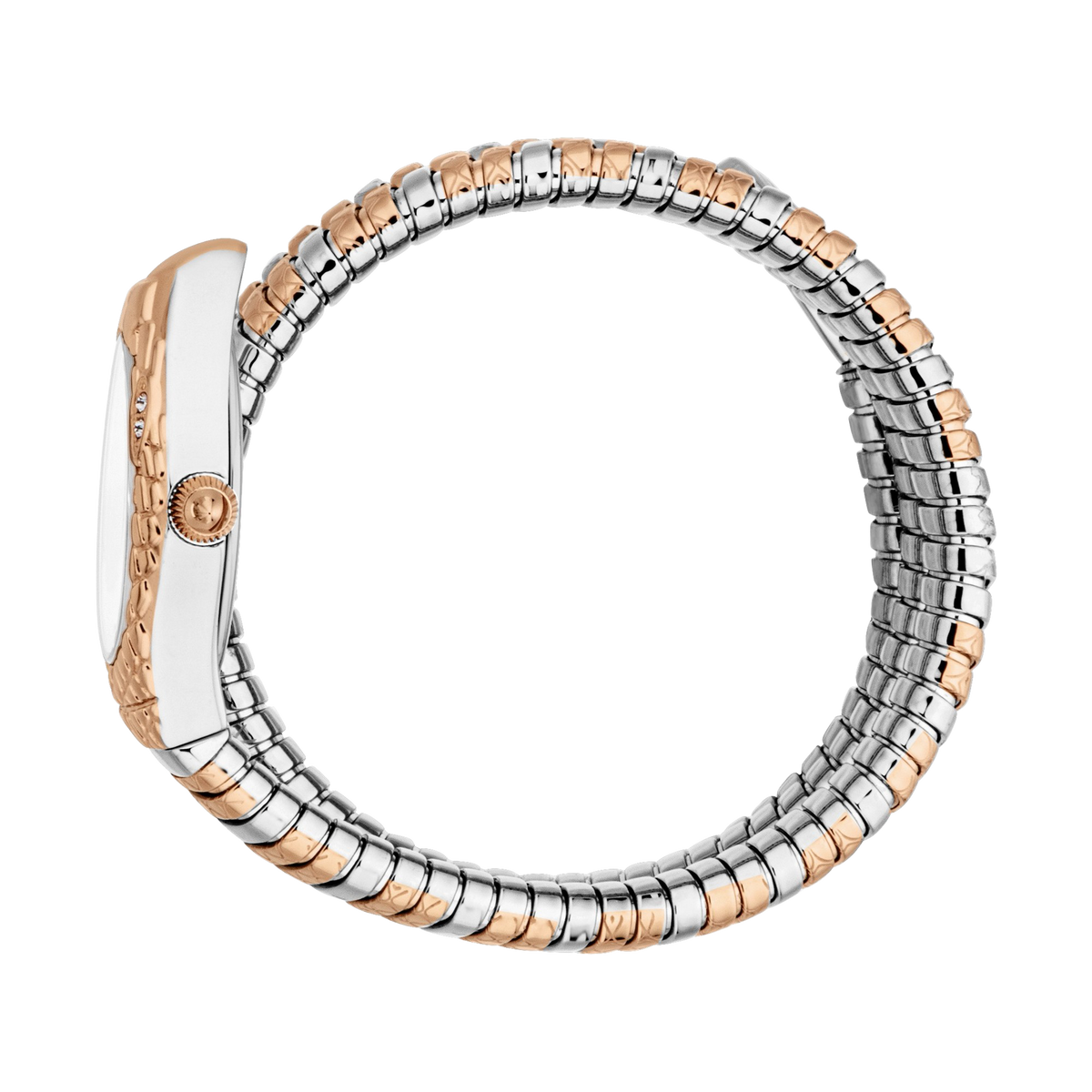 Just Cavalli Aurela watch side view showing two-tone snake-link steel strap