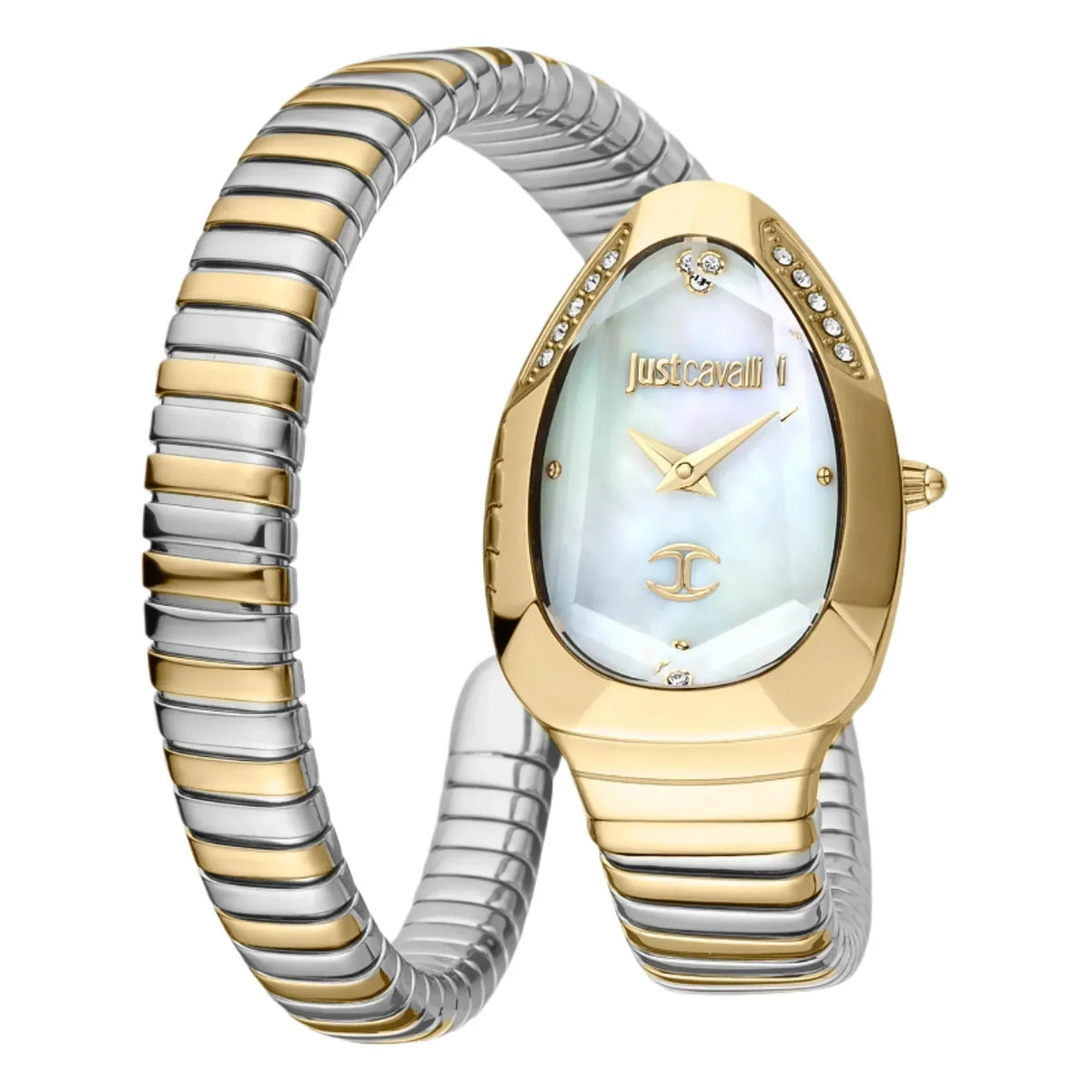 Just Cavalli Glam Chic ladies watch with oval white mother-of-pearl dial and two-tone gold-silver bracelet