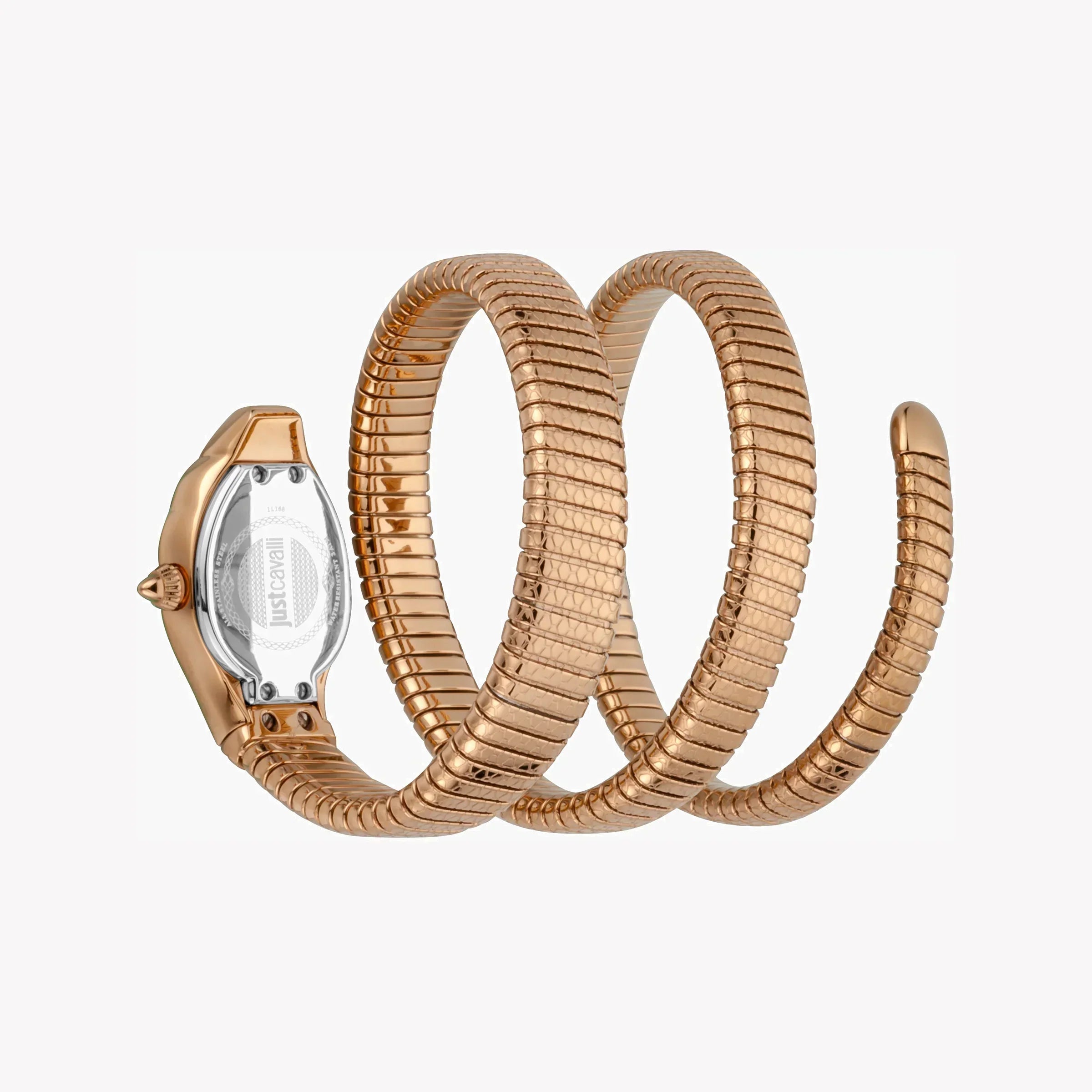 Just Cavalli Glam Chic Snake watch caseback showing transparent case back and coiled strap