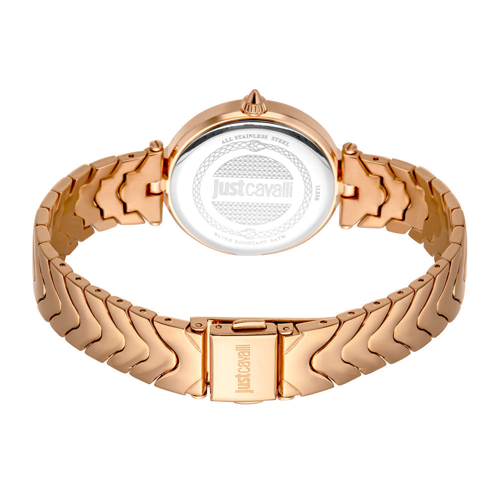 Just Cavalli Animalier Luce rose gold women's watch viewed from caseback with matching bracelet