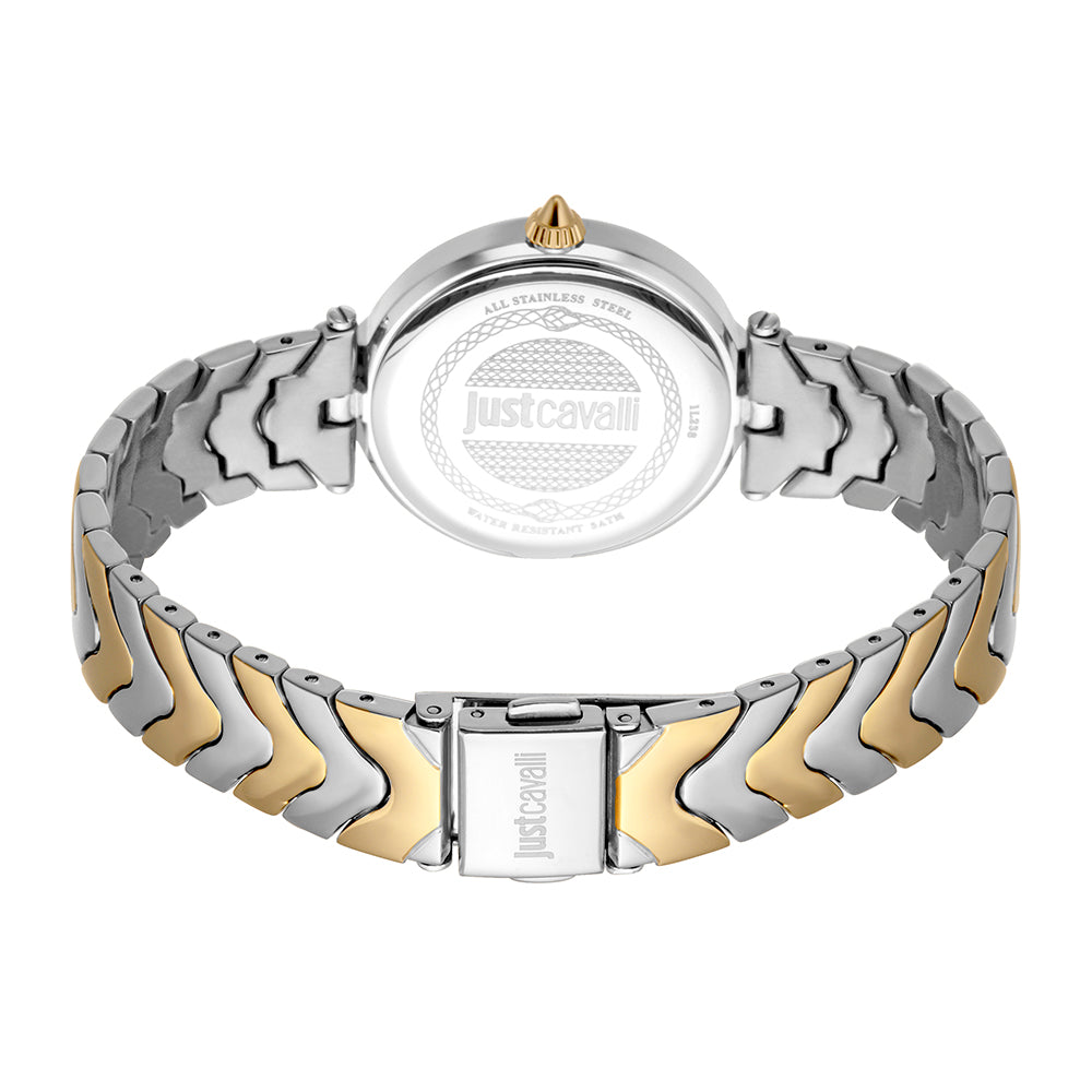 Caseback view of Just Cavalli Animalier Luce watch showing dual-tone bracelet design