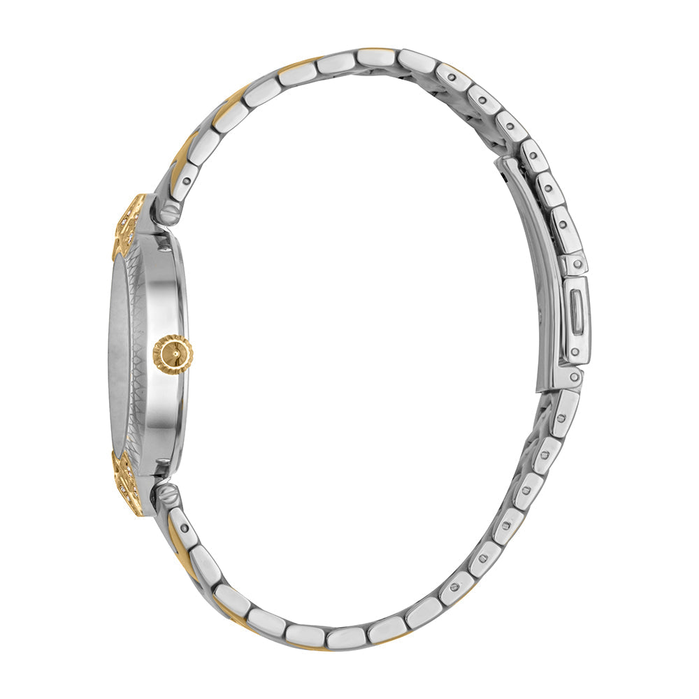 Side view of Just Cavalli two-tone bracelet with yellow gold and silver segments