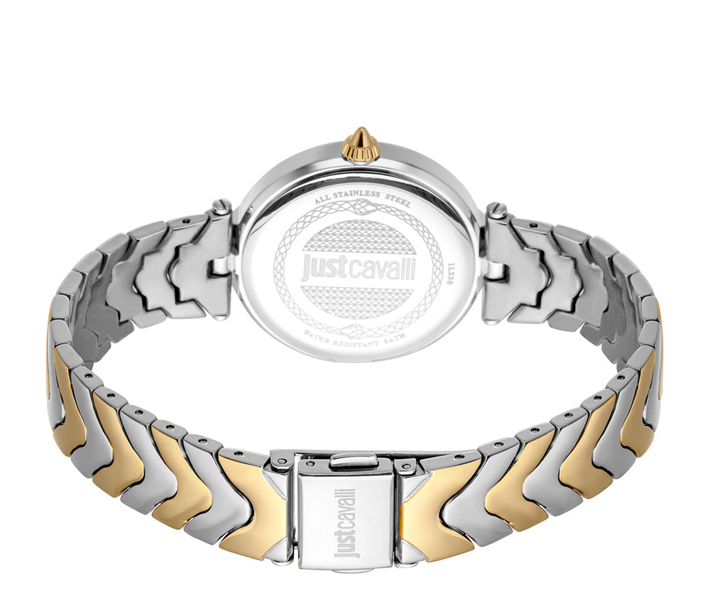 Caseback view of Just Cavalli watch showing stainless steel two-tone bracelet and engraved caseback
