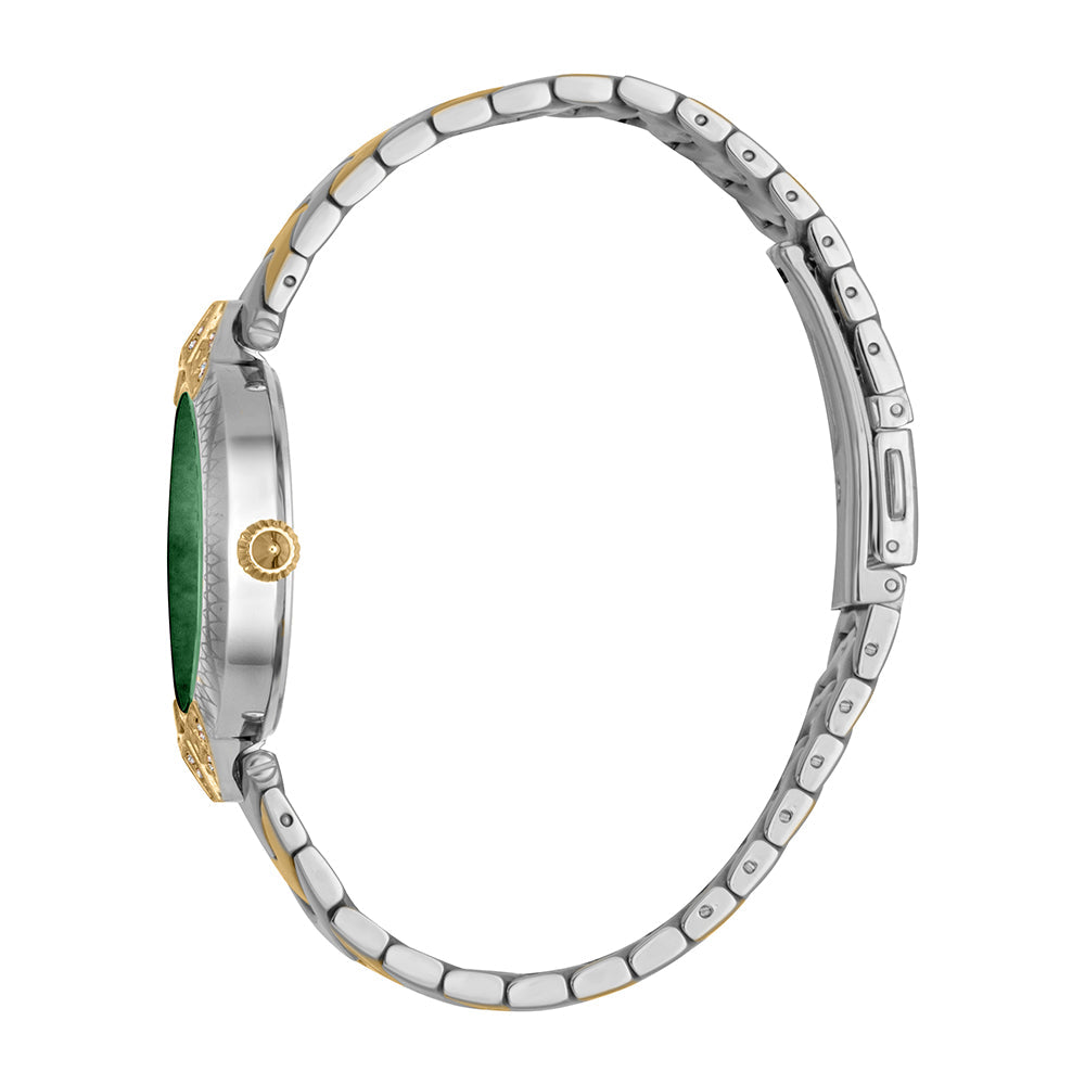 Side view of Just Cavalli watch with two-tone stainless steel bracelet and green dial