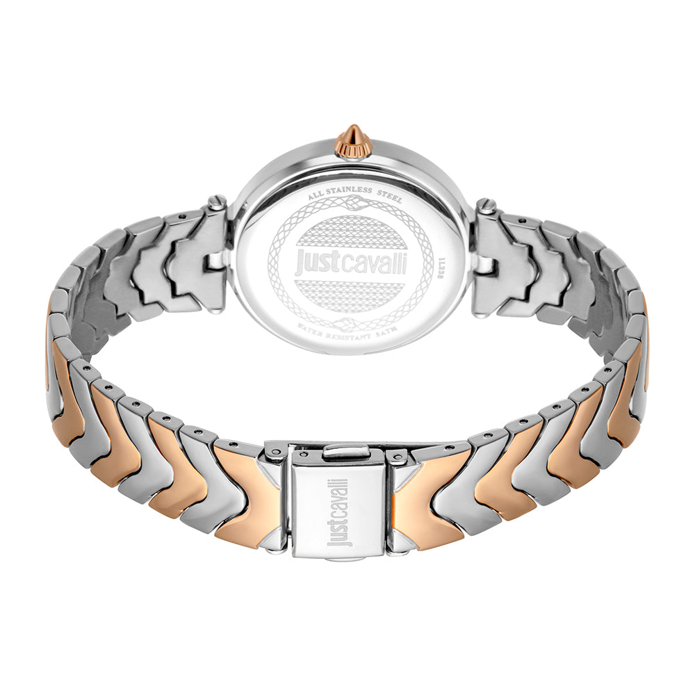 Case back view of Animalier watch with engraved detail and two-tone metal bracelet