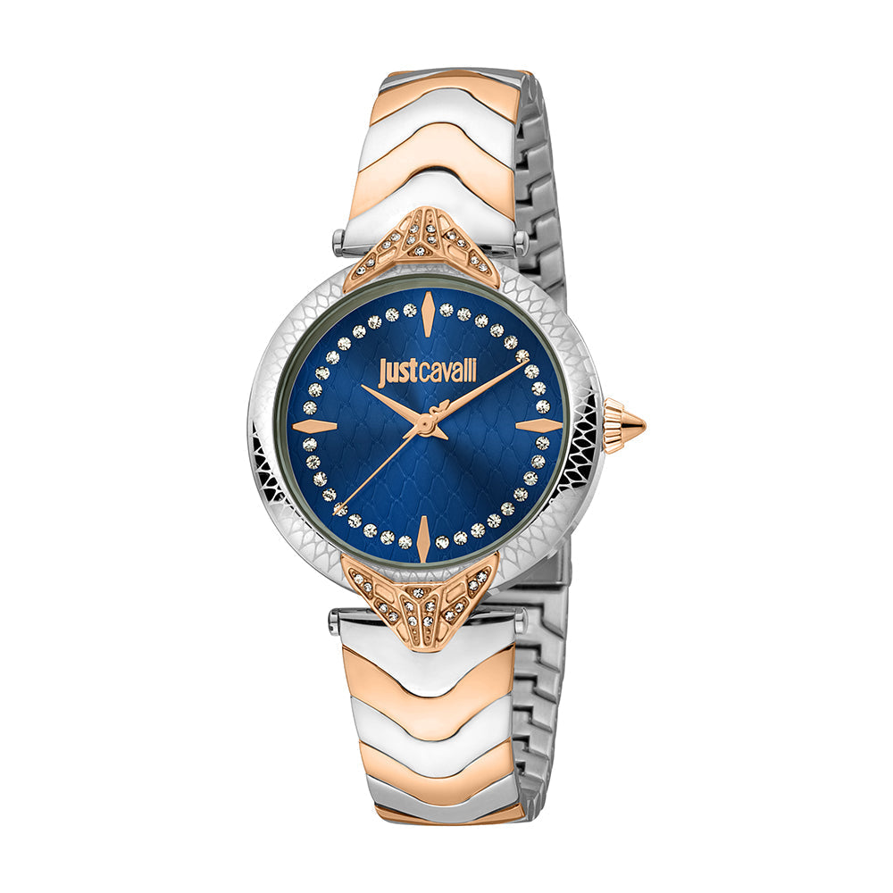 Animalier women's watch with blue dial, diamond markers, two-tone stainless steel and rose gold bracelet
