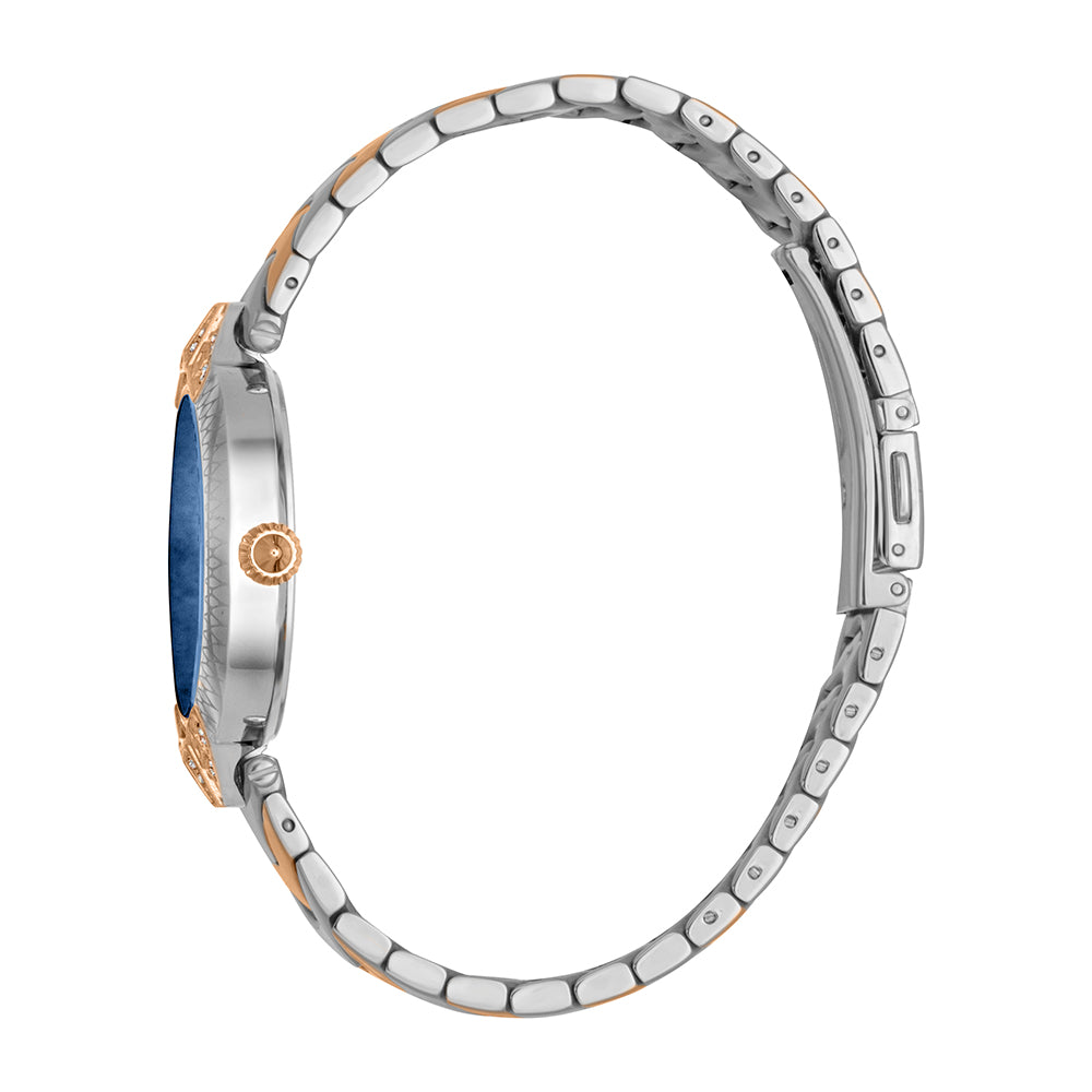 Side profile of Animalier watch showing blue dial and two-tone stainless steel bracelet