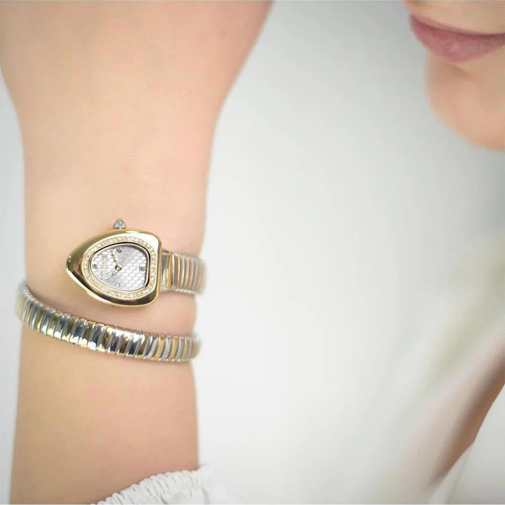 Just Cavalli JC1L249M0055 women's watch worn on wrist, displaying silver dial and two-tone snake coil bracelet