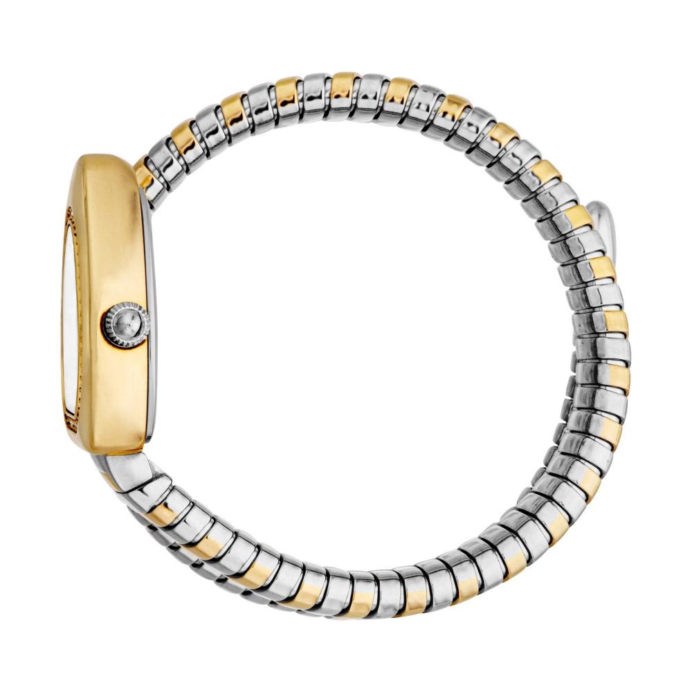 Just Cavalli JC1L249M0055 side view showing gold-plated case profile and segmented two-tone metal bracelet