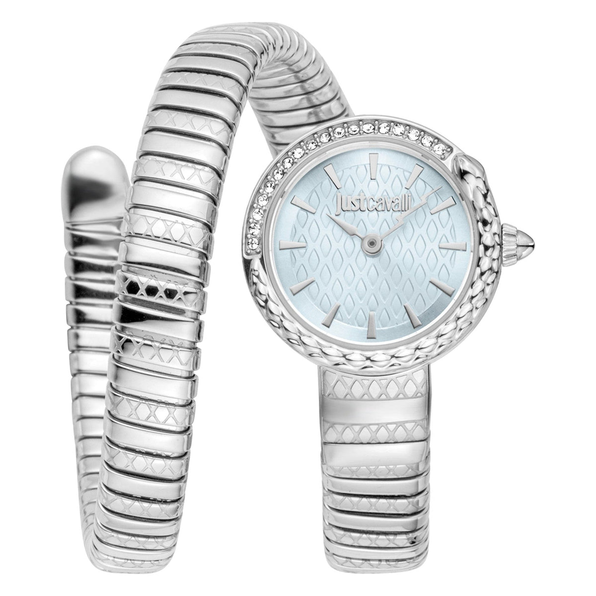Just Cavalli Signature Snake grey women's watch with light blue dial and crystal bezel