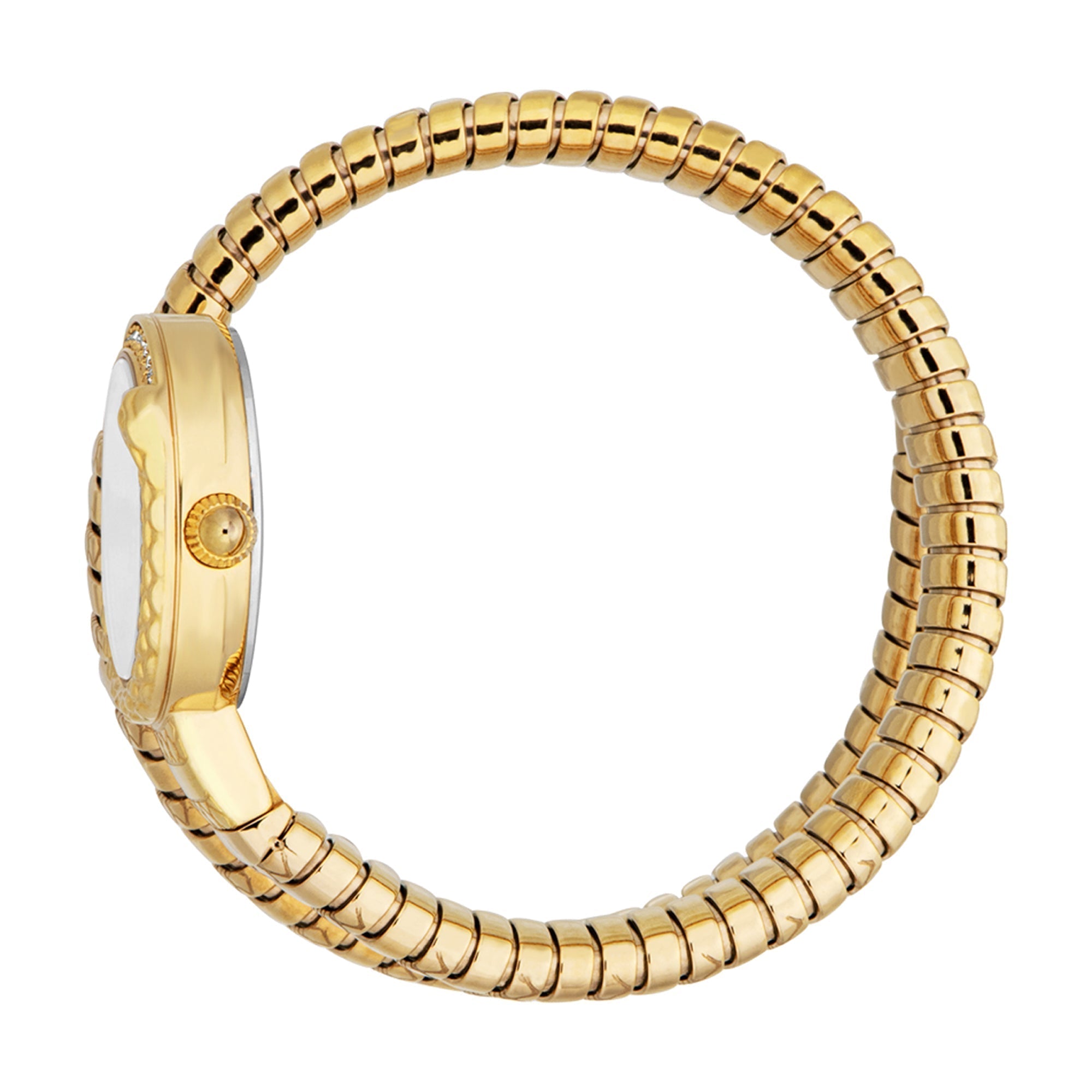 Yellow gold snake-design wrap strap watch displayed on wrist showing full bracelet form