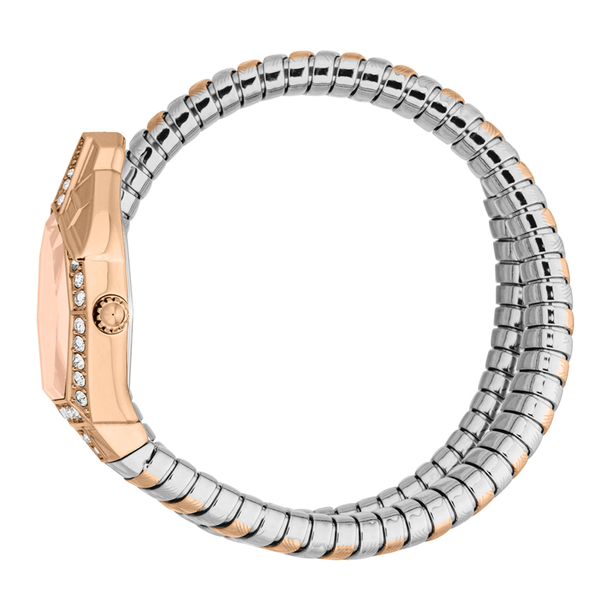 Just Cavalli Ornato Snake watch showing side profile with flexible two-tone metal snake band