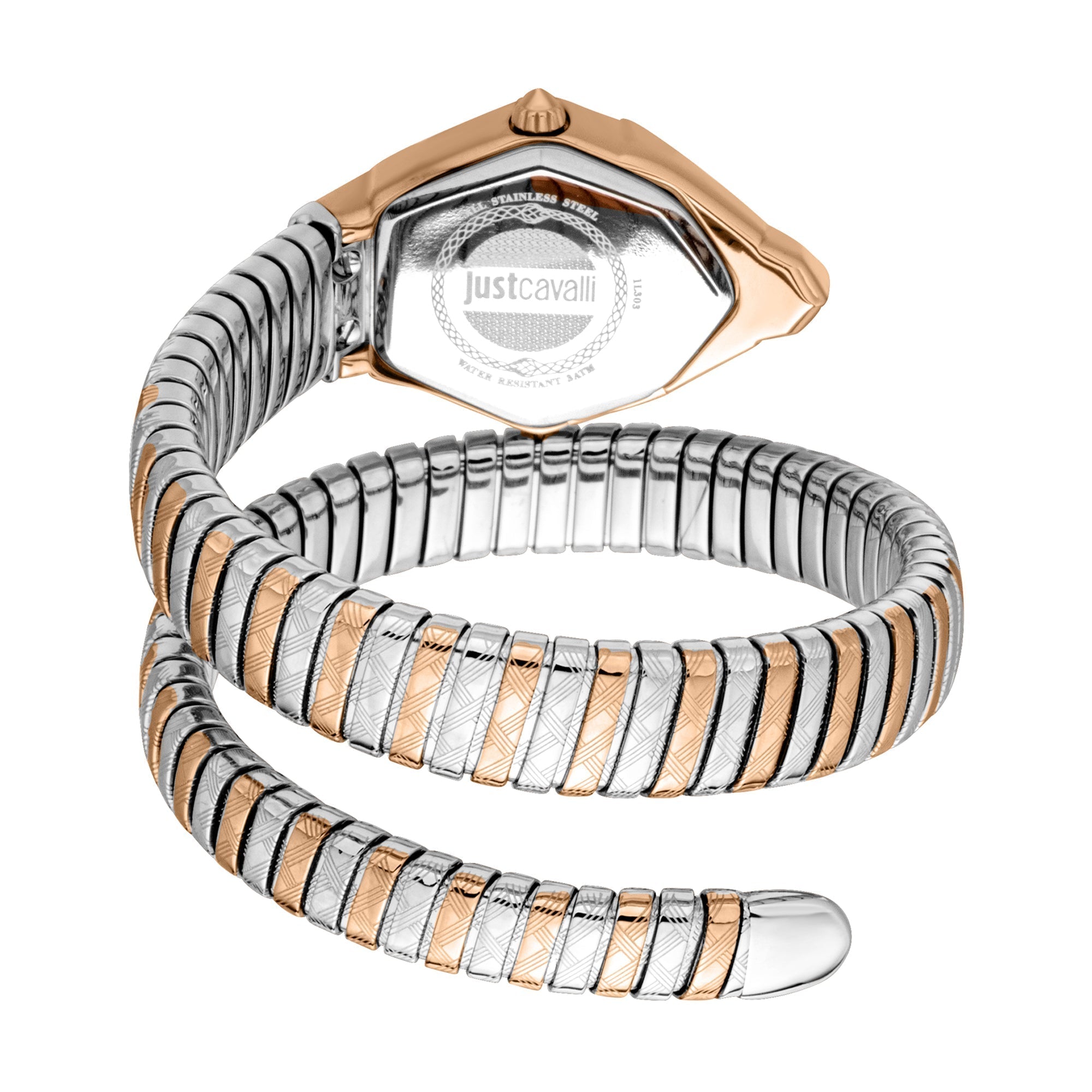 Just Cavalli Ornato Snake watch caseback and flexible snake band detail