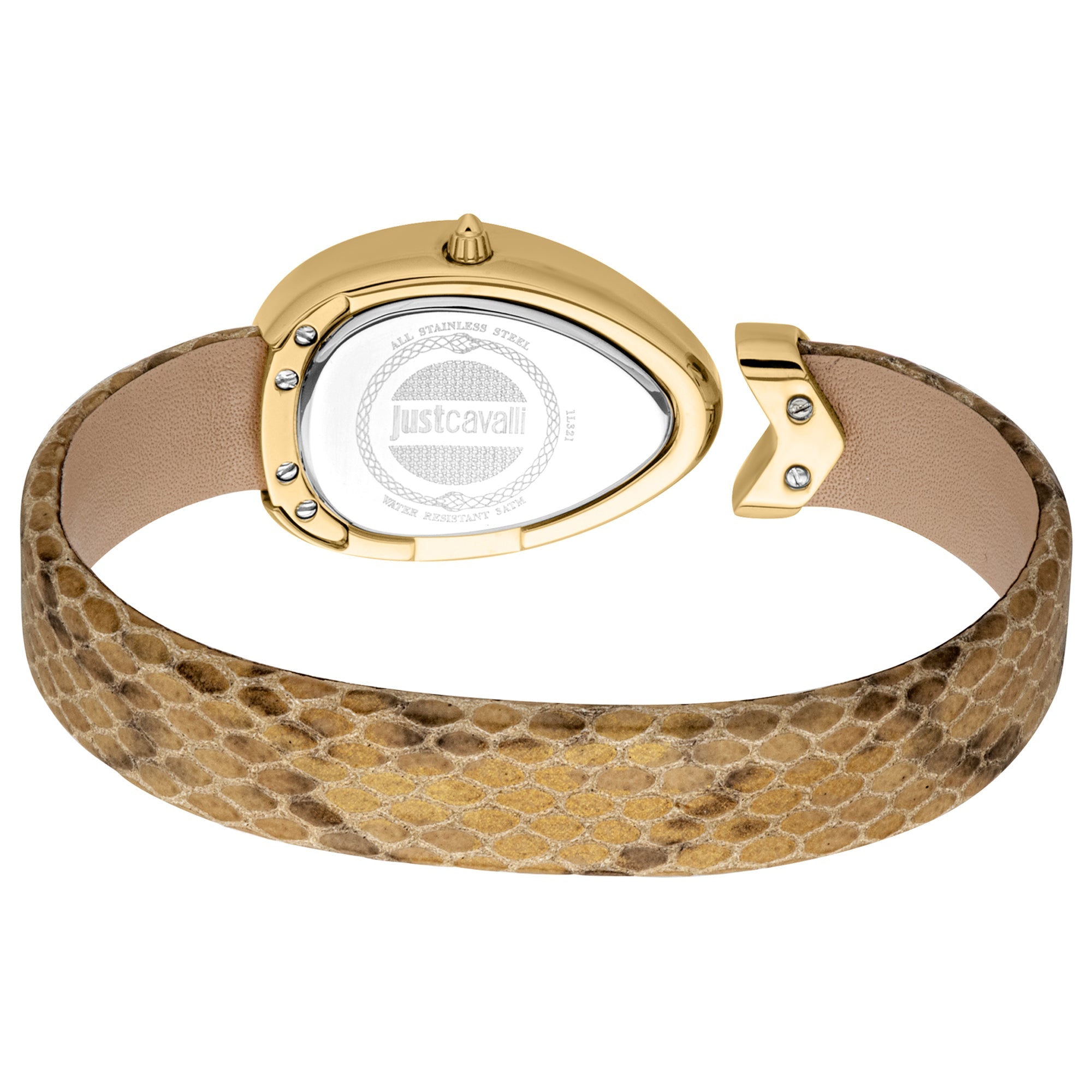 Caseback view of Just Cavalli Diversa Snake watch with snakeskin strap