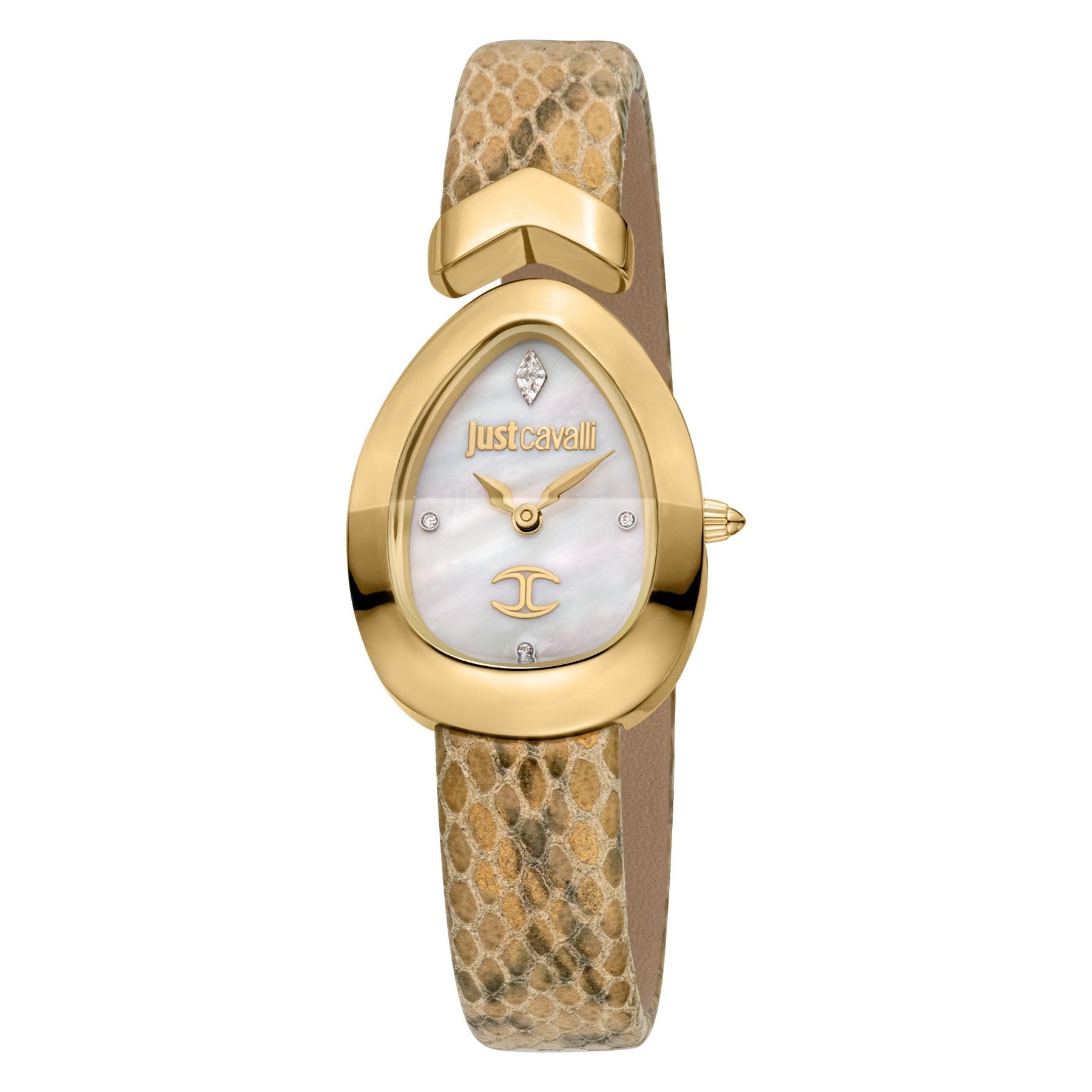 Just Cavalli Diversa Snake women's watch with white dial, gold case, and beige snakeskin strap