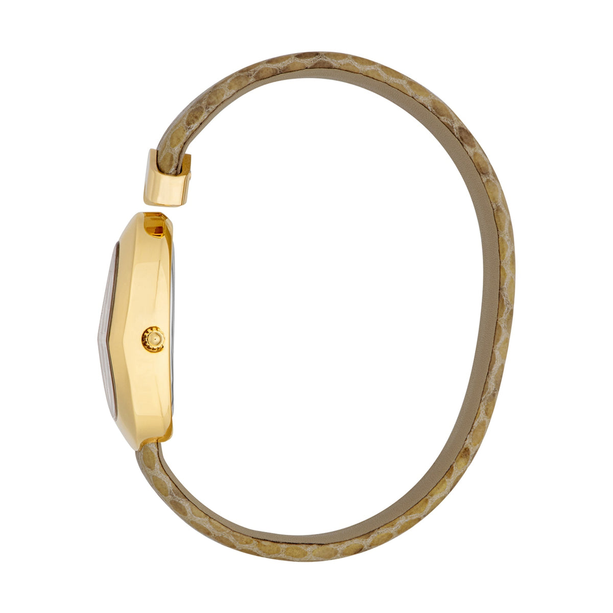 Side view of Just Cavalli Diversa Snake watch showing gold case and snakeskin strap