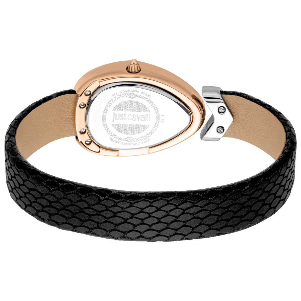 Caseback view of Just Cavalli Snake Diversa watch with engraved text and snake-pattern leather strap