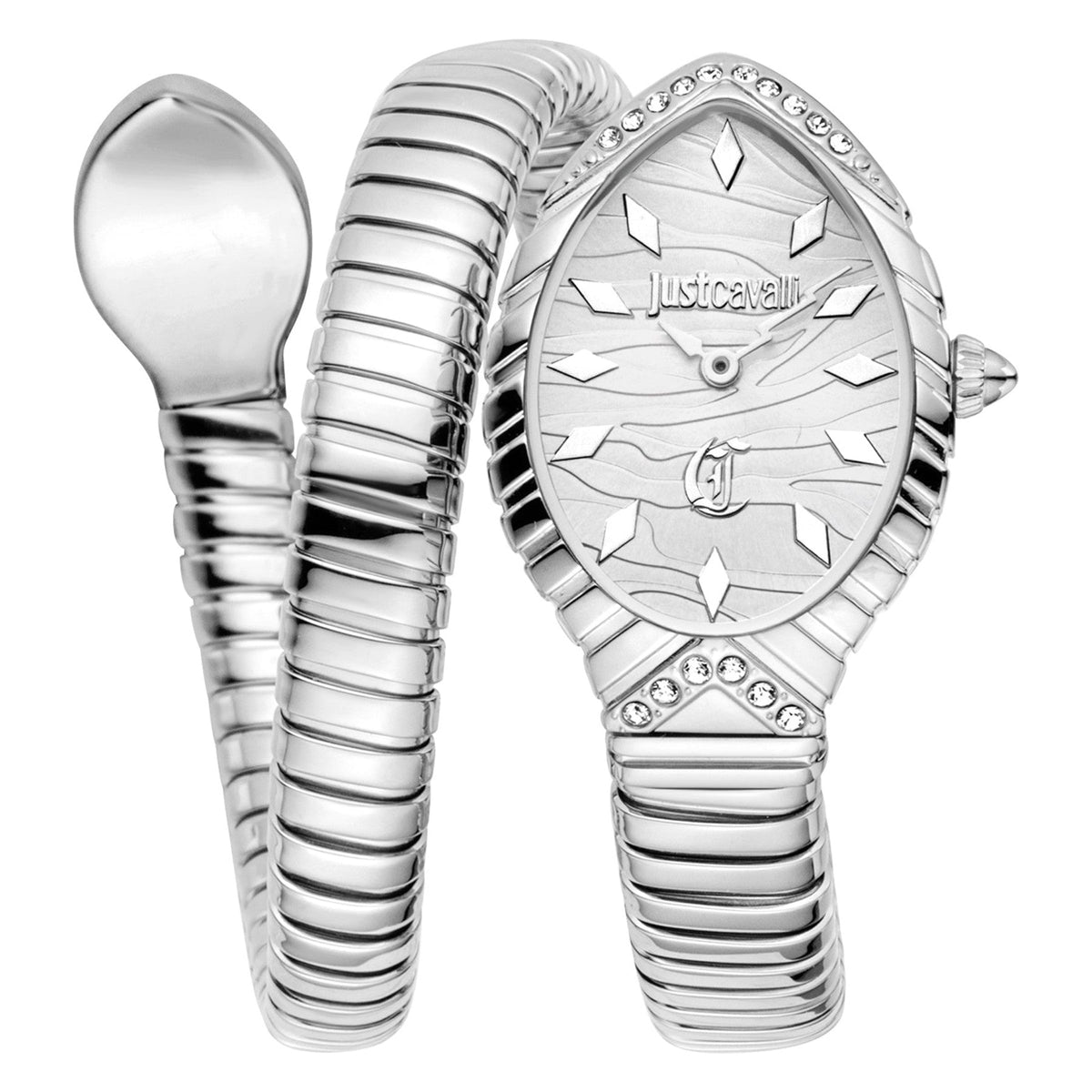 Just Cavalli Unica snake-shaped watch with silver dial and crystal-set bezel, front view
