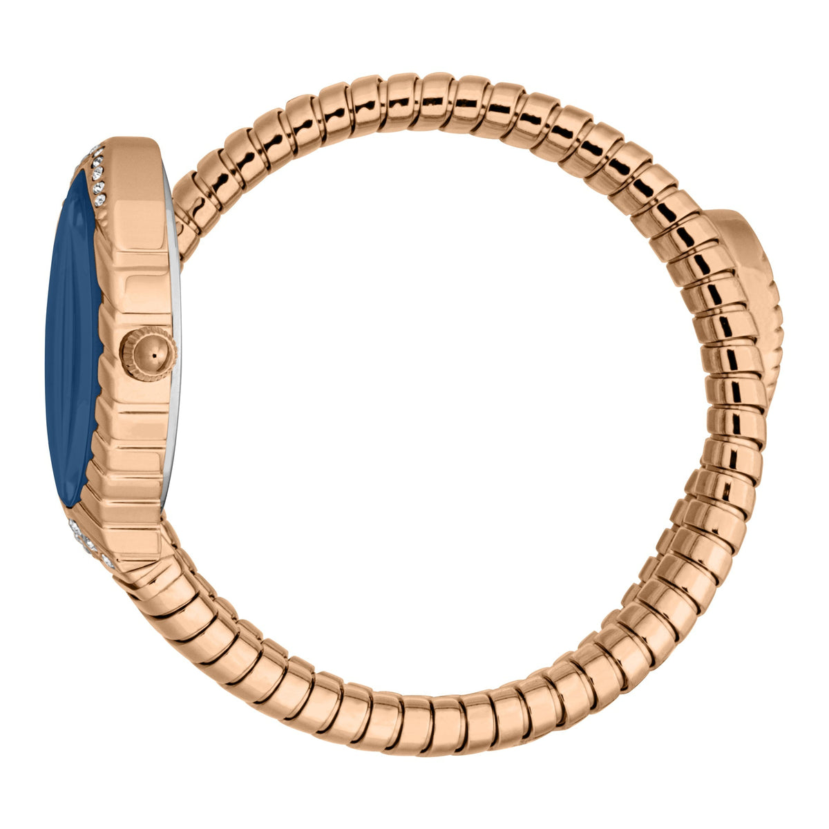 Just Cavalli Signature Snake rose gold watch worn on wrist with blue dial visible