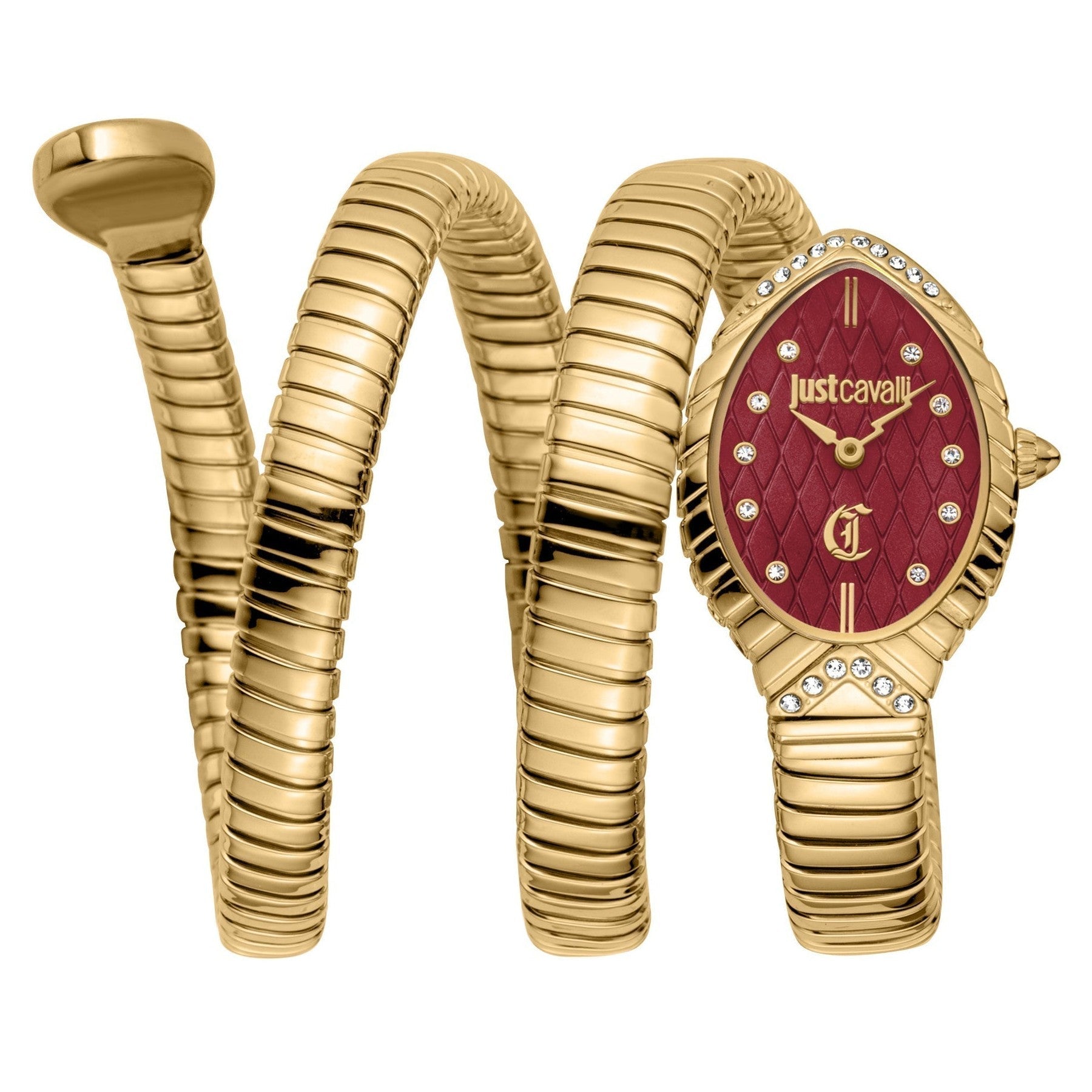 Just Cavalli Specchio snake coil watch with red dial and gold-tone stainless steel bracelet