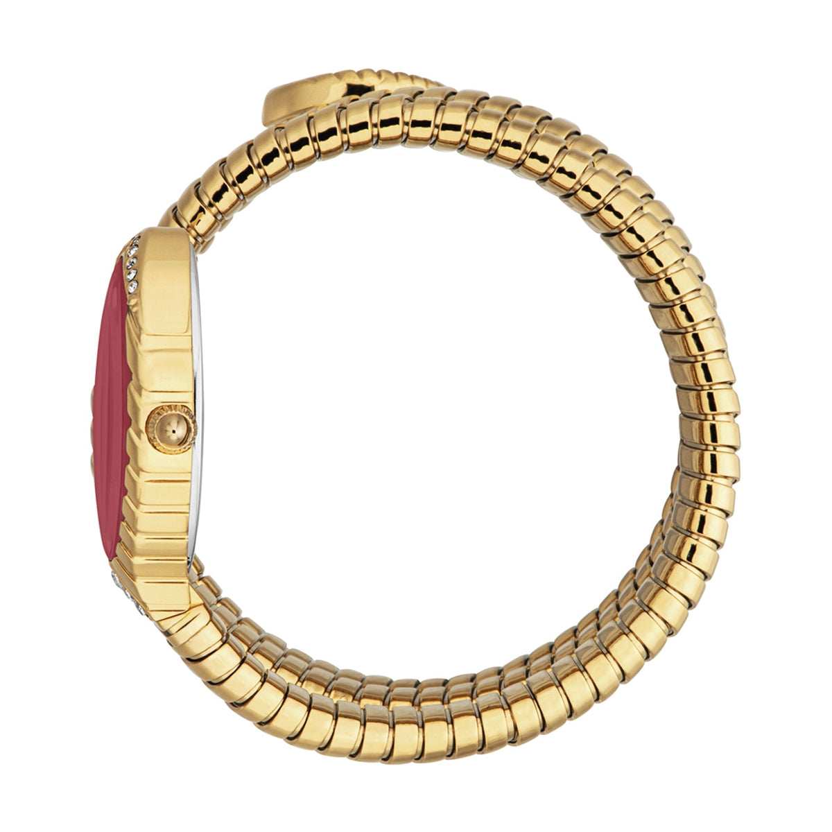 Side view of Just Cavalli Specchio watch with red dial and snake coil bracelet
